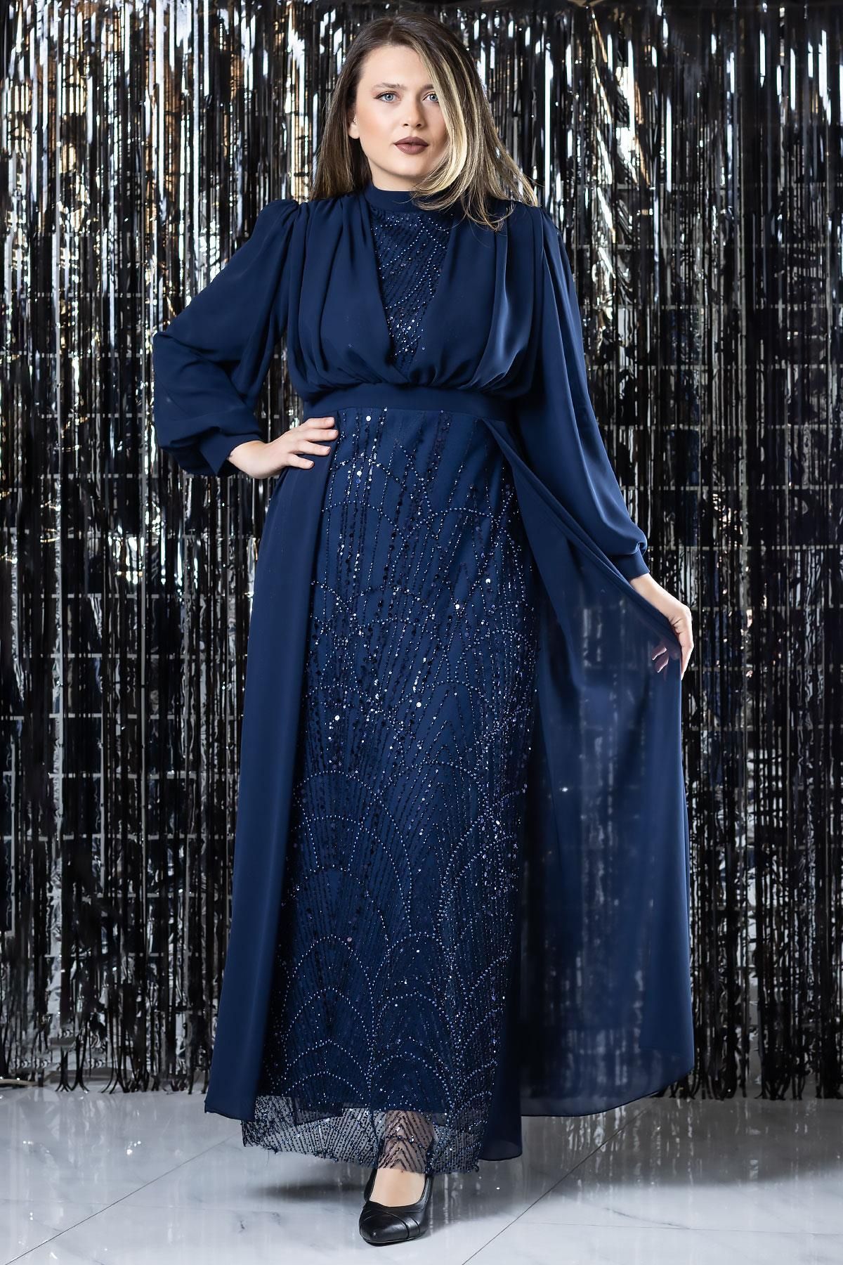 Fahima İşleme Detaylı Şifon Abiye Elbise Lacivert FHM954