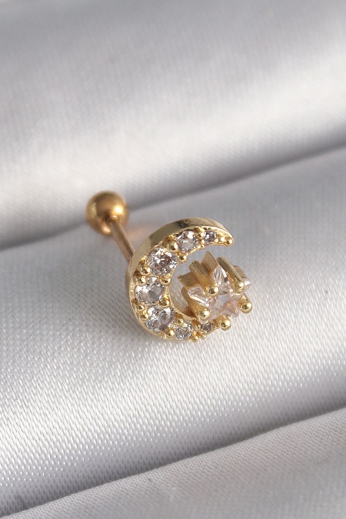 STOREMAX 316L Çelik Gold Renk Zirkon Taşlı Ay Yıldız Tragus Piercing