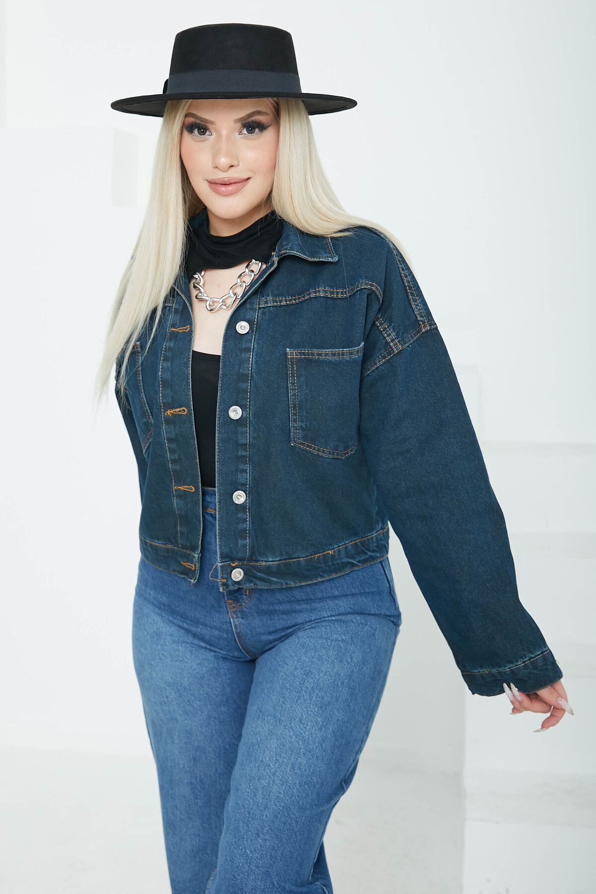 TOFİSA Kadın Çift Cepli Crop Kot Ceket Koyu Mavi - 26573