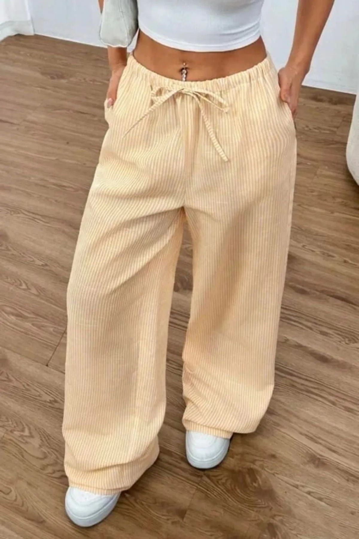 1blood Sarı Çizgili Beli Lastikli Y2K Bol Paça Pantolon