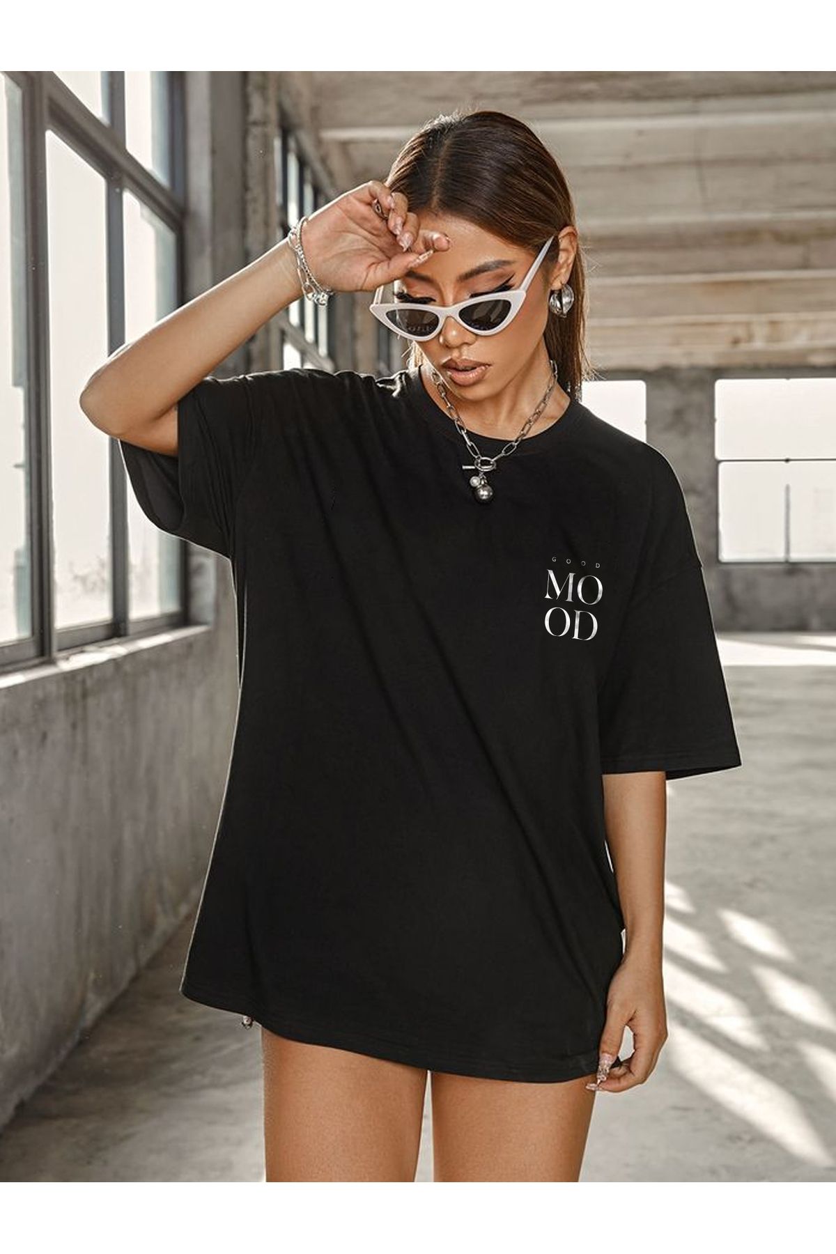 Plaza Butik Kadın Good Mood Baskılı Oversize Tshirt