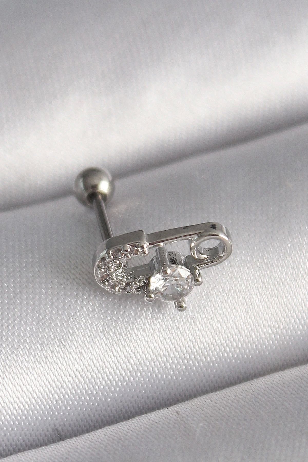STOREMAX 316L Çelik Gümüş Renk Zirkon Taşlı Toplu İğne Tragus Piercing