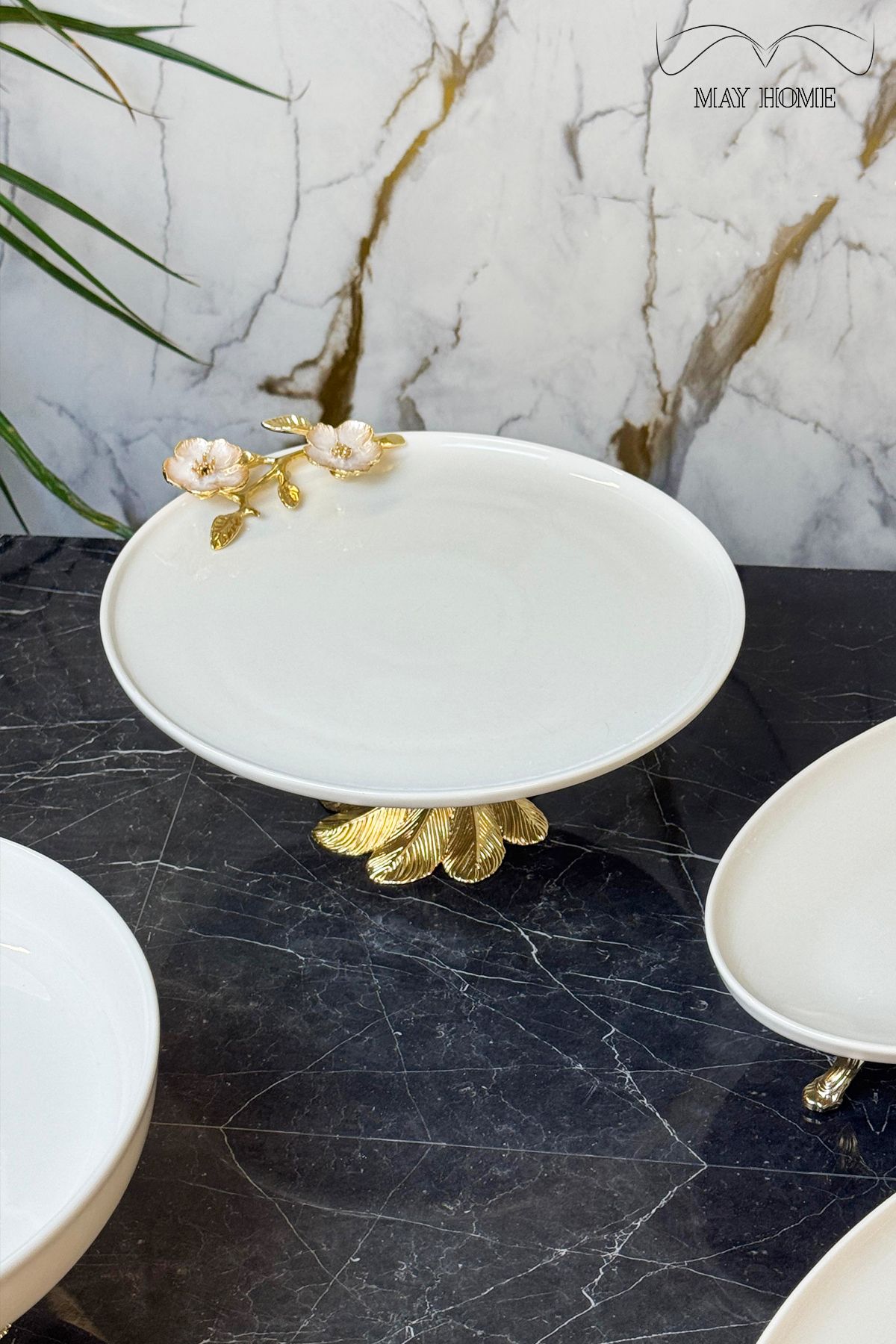 MAY HOME Laleza Kand Ayaklı Pasta Sunum Tabağı & Yuvarlak Porselen Tabak