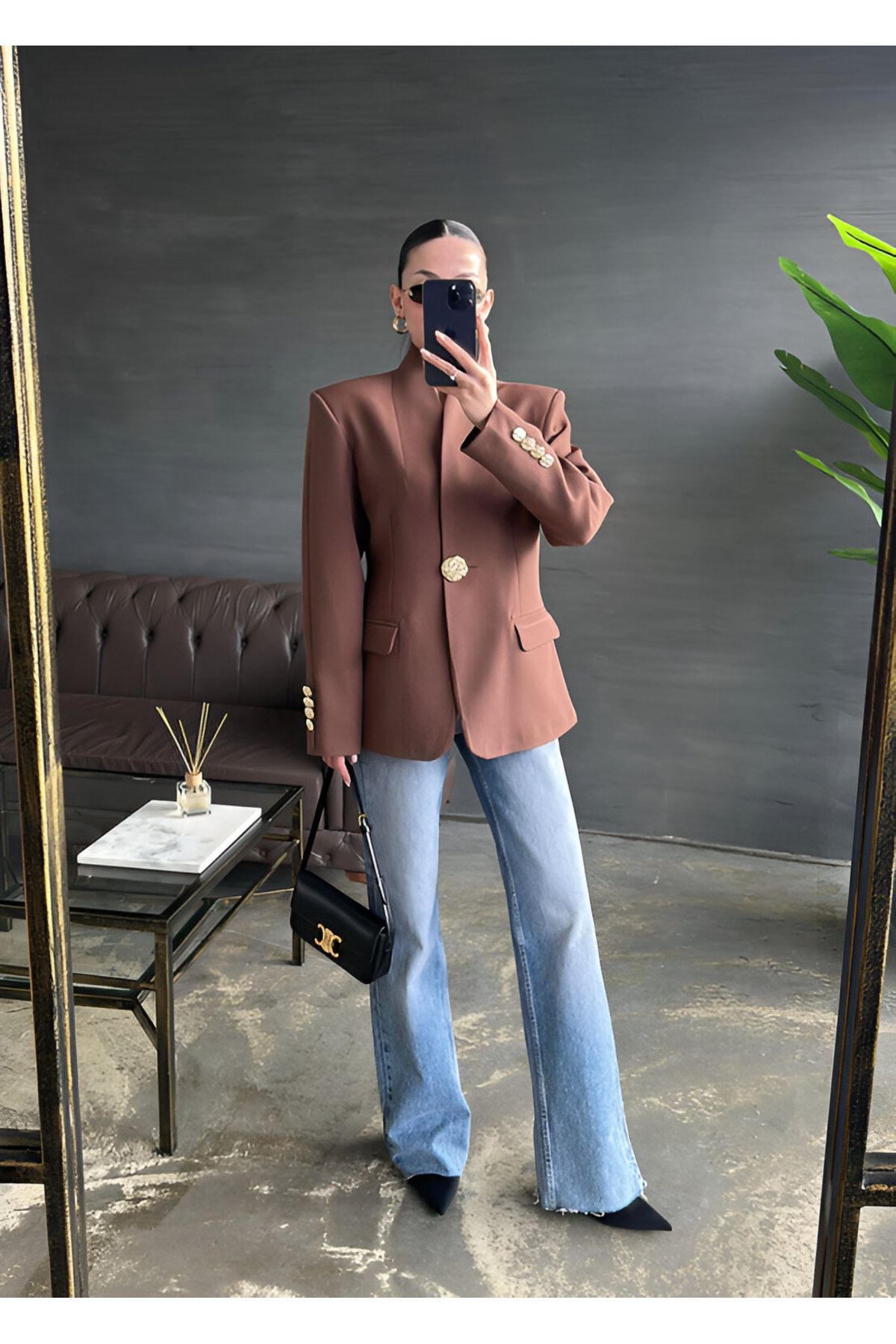 AlisaSu Kahverengi Gold Düğmeli Şal Yakalı Blazer Ceket