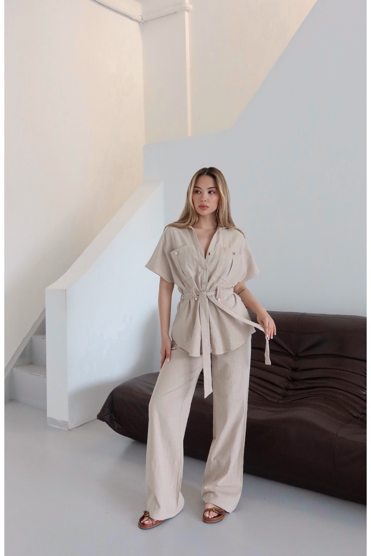 Laluvia-Natural Buttoned Belted Blouse Trousers Set - 7207 3