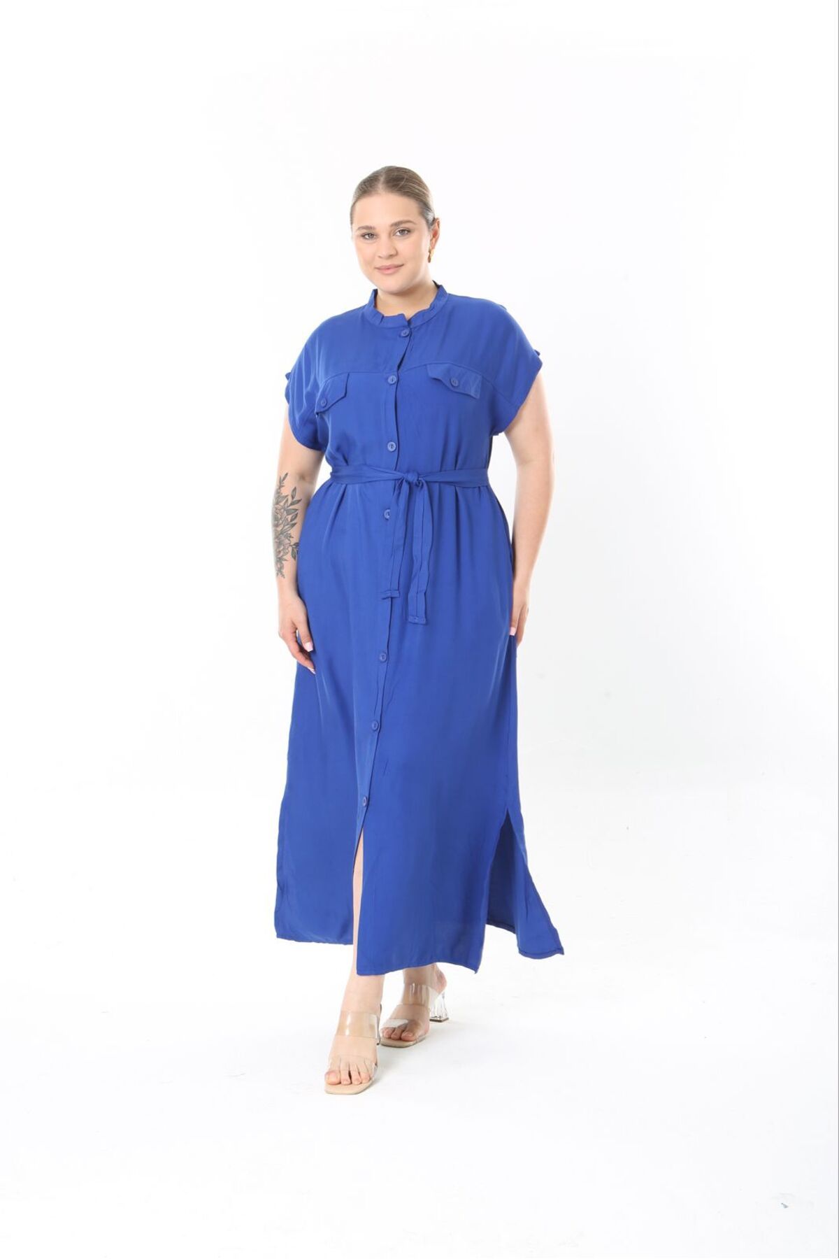 Şans-Women's Plus Size Saks, Front Length Buttons, Belted Long Dress 65N38956 6
