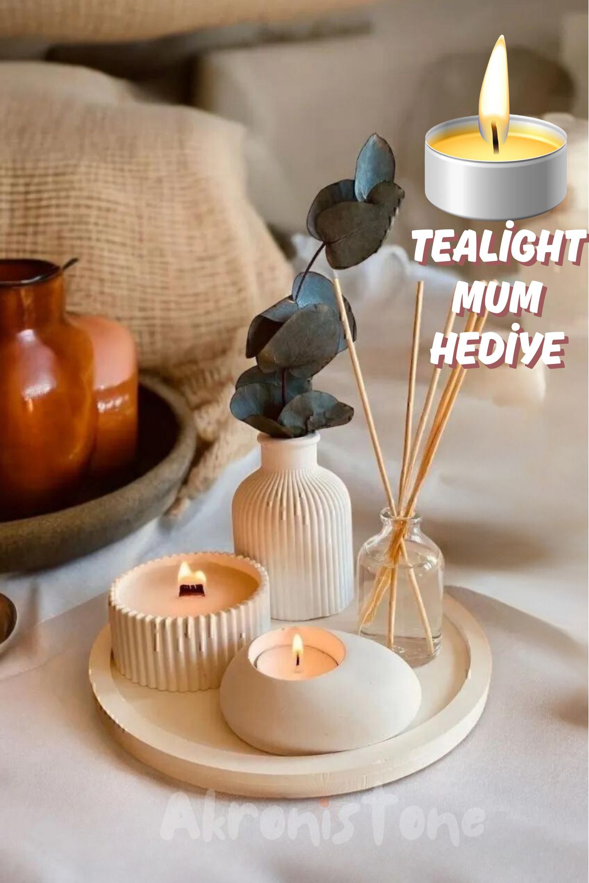 Akronistone Dekoratif Tepside 5 Li Set Vazo, Vanilya Kokulu Mum, Tealight Mumluk Ve Oda Kokusu(HEDİYELİ)