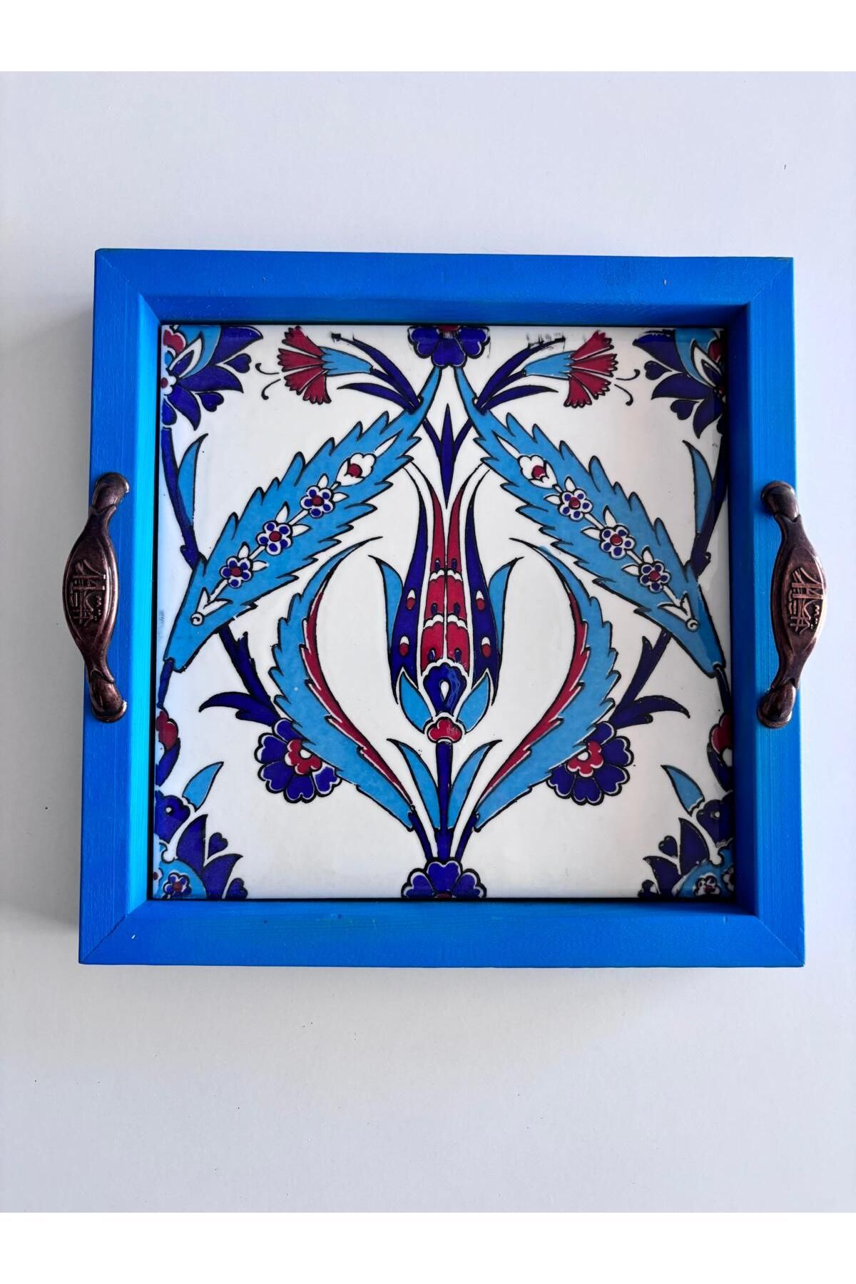 garaccu Çini Desenli Ahşap Tepsi Kare 23x23 cm