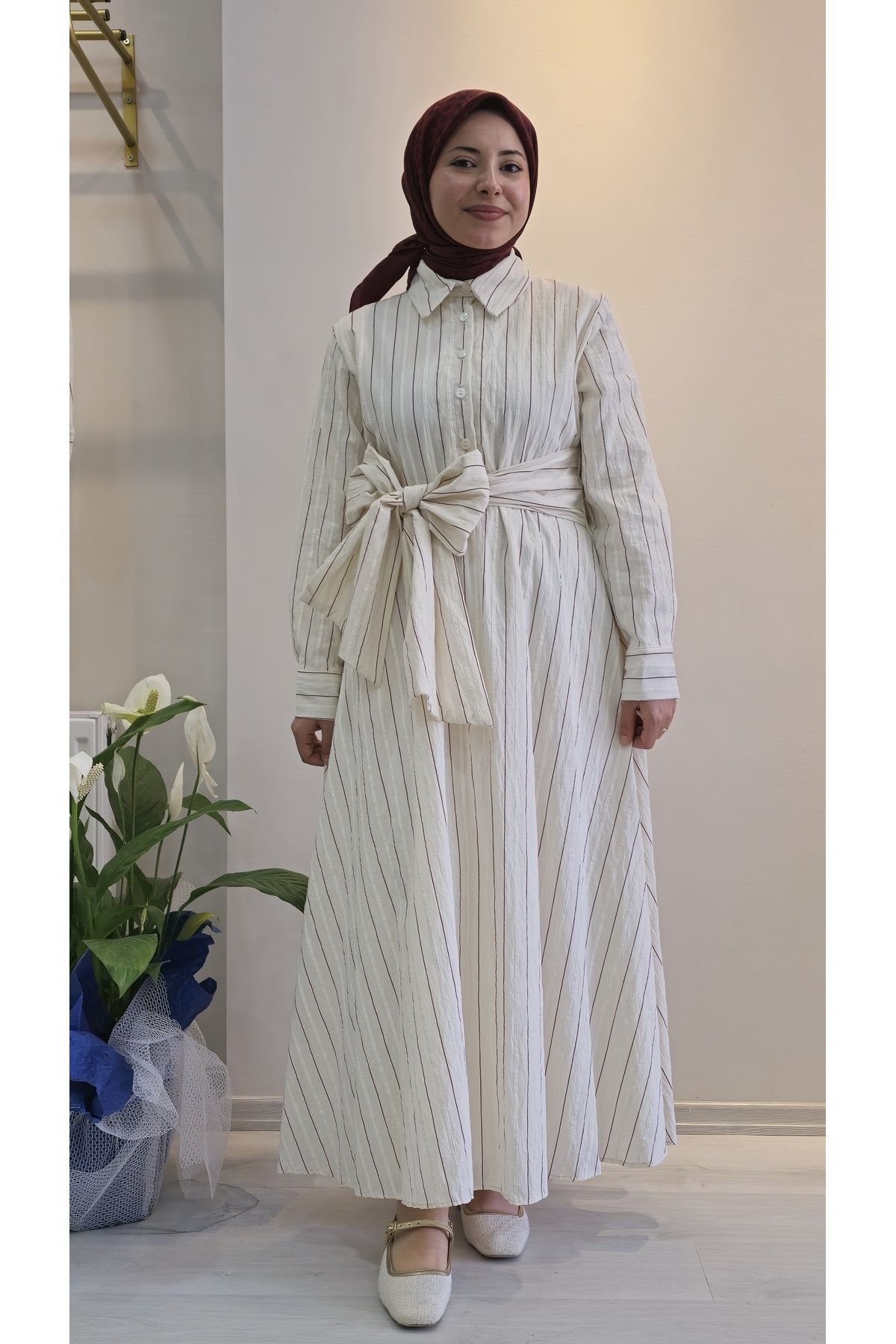 MODA Elbise - KETEN - içi astarlı kurdele detaylı
