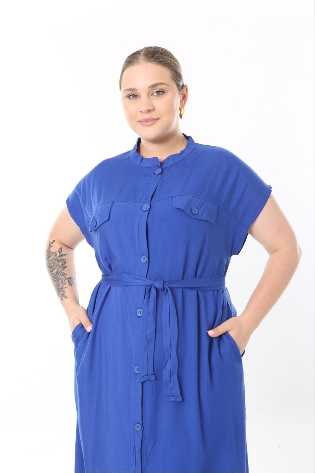 Şans-Women's Plus Size Saks, Front Length Buttons, Belted Long Dress 65N38956 4