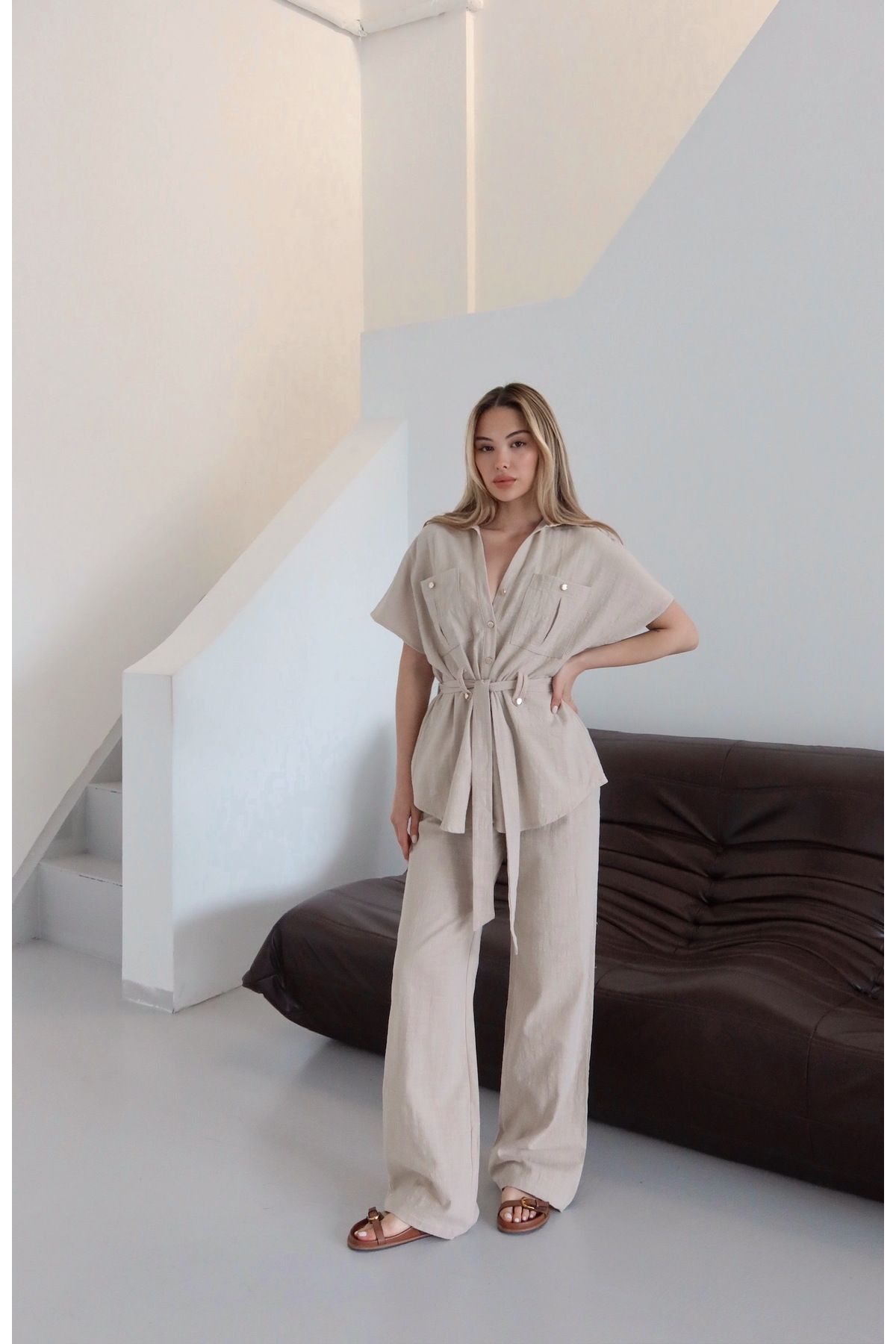 Laluvia-Natural Buttoned Belted Blouse Trousers Set - 7207 5