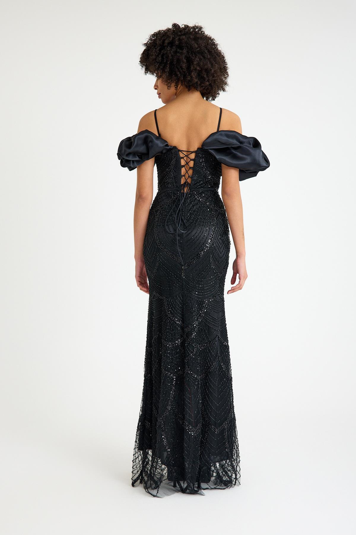 SpringStore-Black Off Shoulder Beading Embroidered Evening Dress 5
