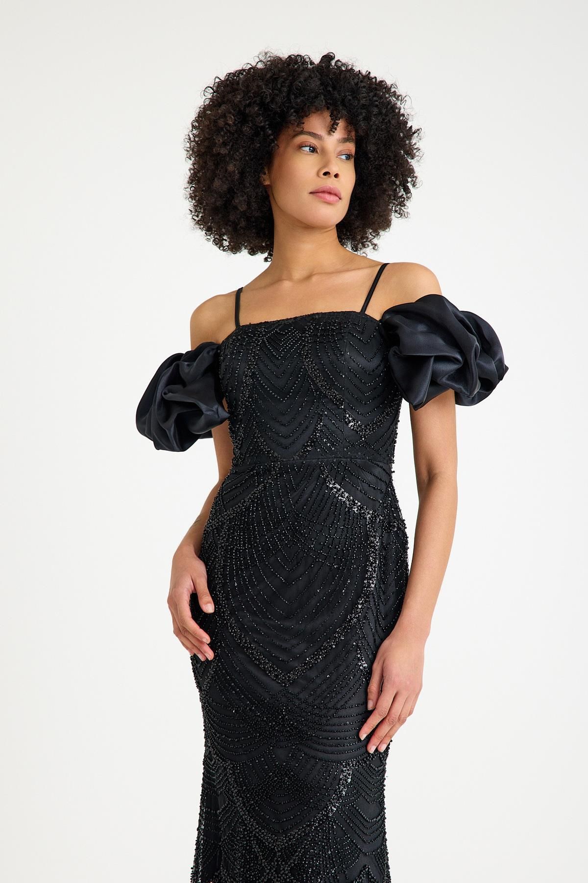 SpringStore-Black Off Shoulder Beading Embroidered Evening Dress 2