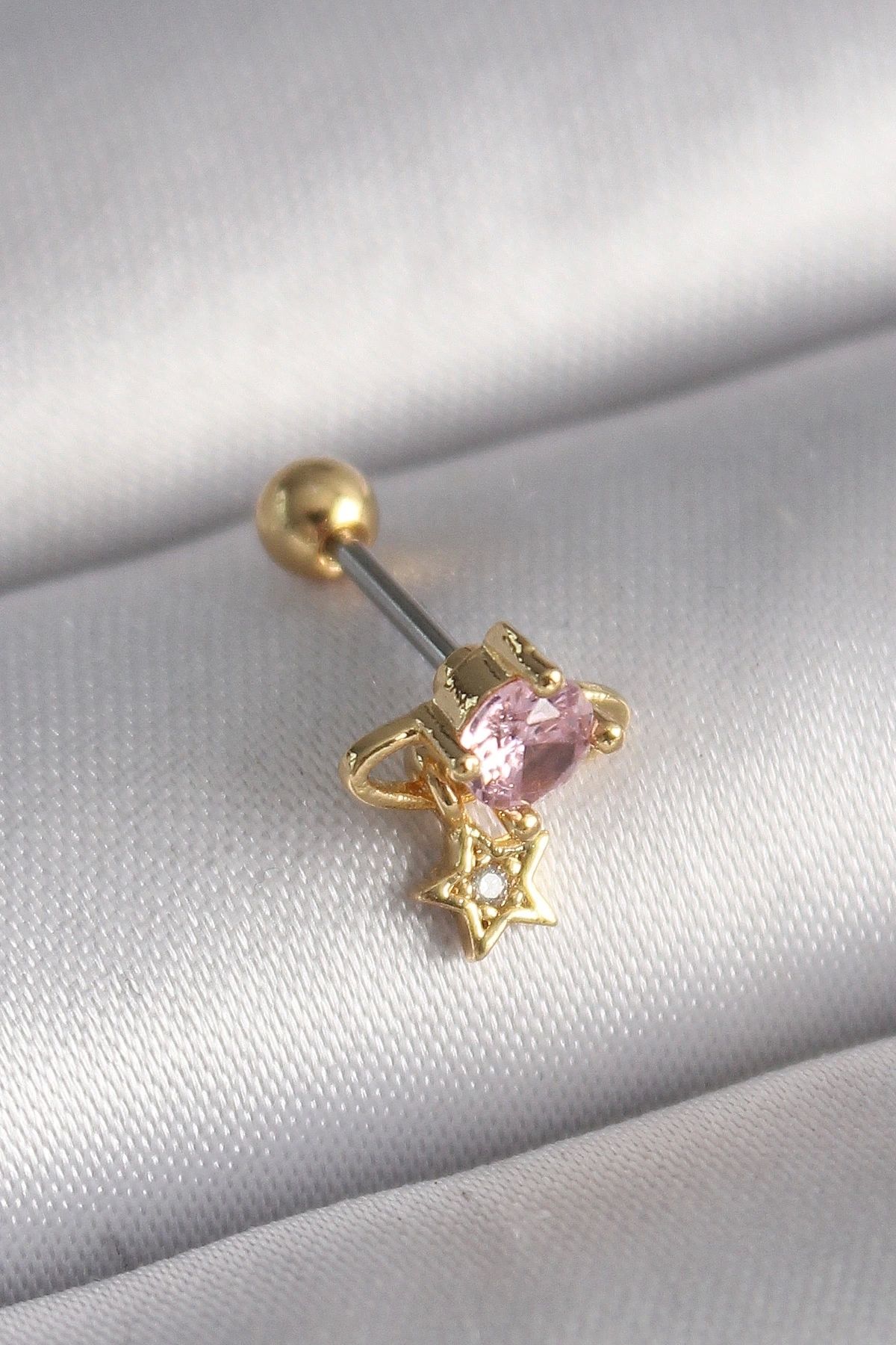 STOREMAX 316L Çelik Gold Renk Pembe Zirkon Taşlı Sallantı Yıldız Detay Tragus Piercing