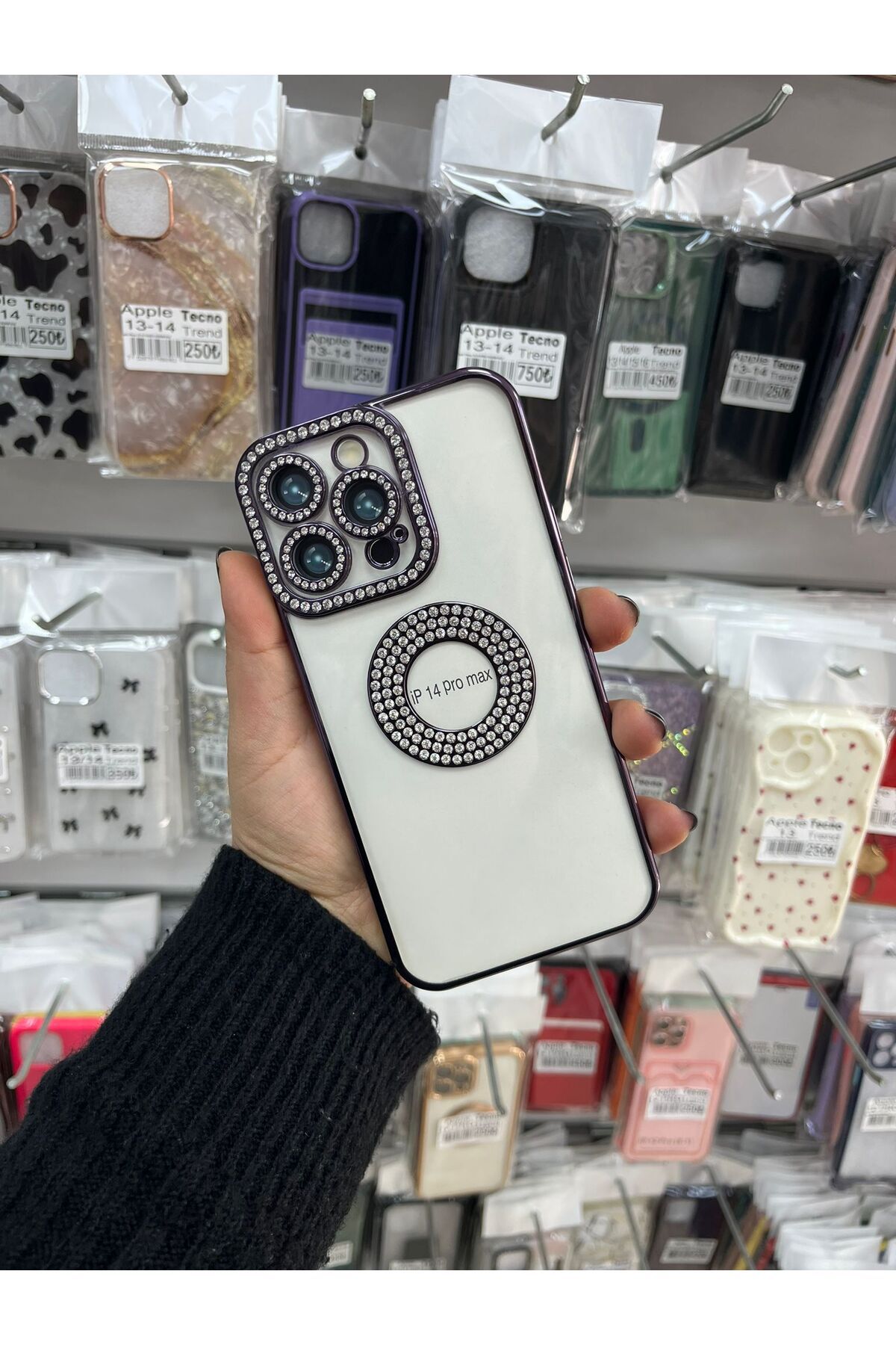 TECNOTREND Apple iPhone 14 pro max Kılıf Kamera Korumalı Taş Süslemeli Arkası Şeffaf Asya Kapak