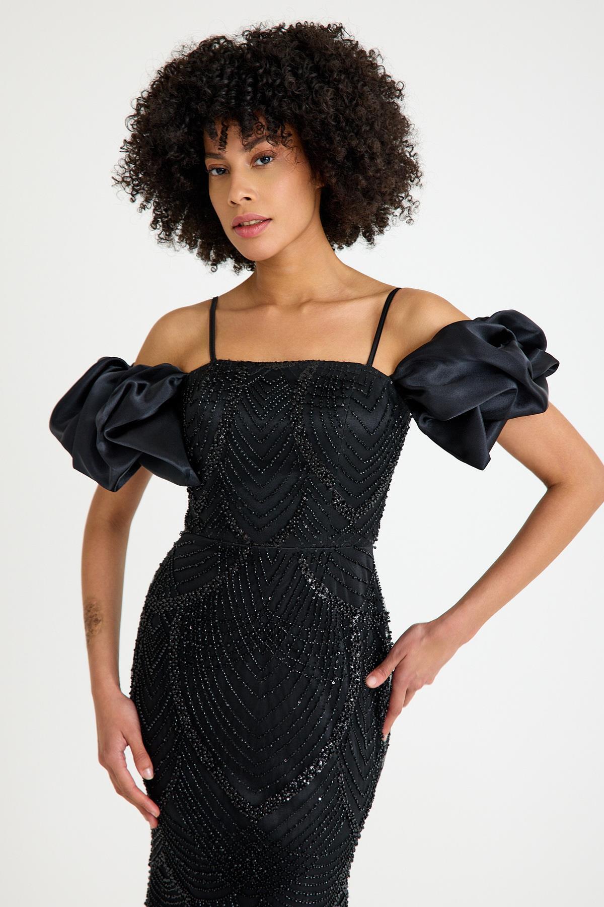 SpringStore-Black Off Shoulder Beading Embroidered Evening Dress 7