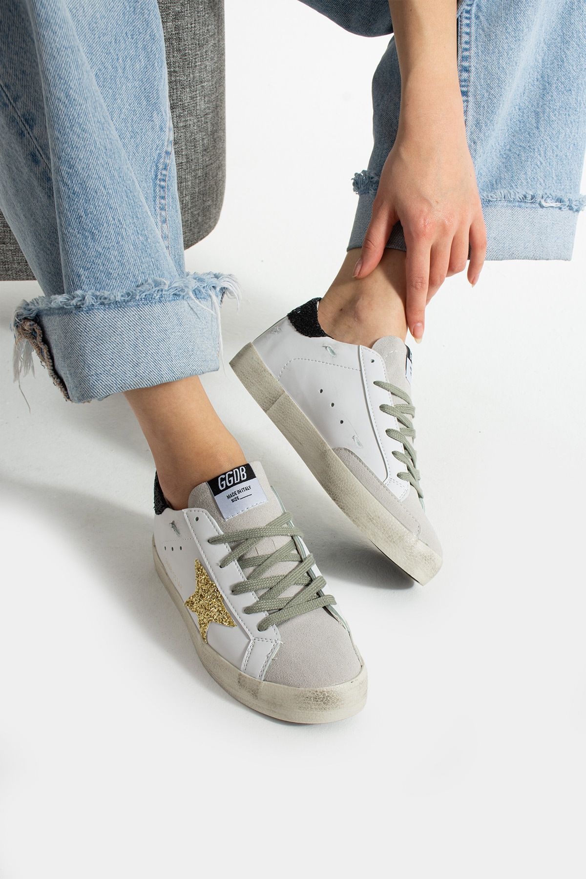 TubiBella Sarı Yıldız Desenli Beyaz Kadın Sneaker Spor Ayakkabı