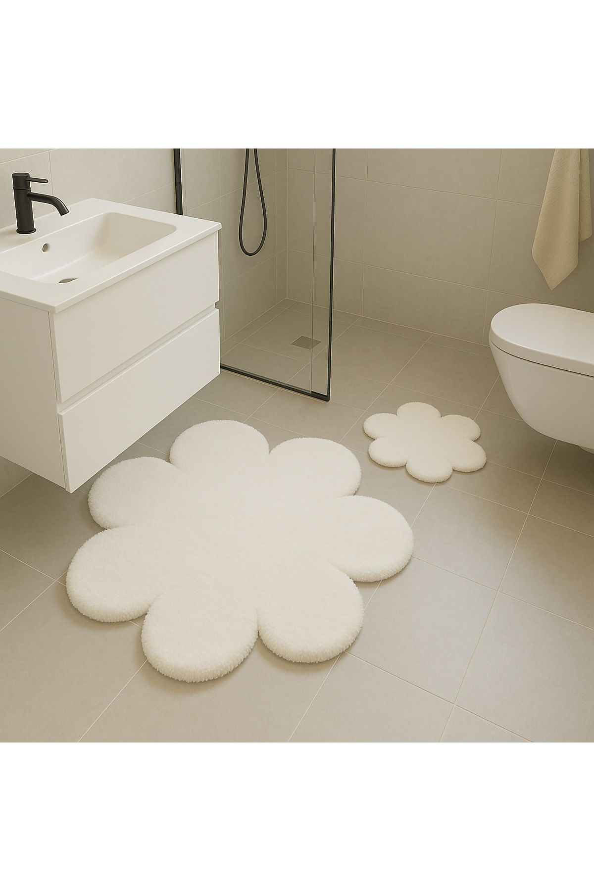 Paco Home Çiçek Desenli Krem Yumuşak Salon Halısı Modern Minimalist Dekoratif Halı 2'li Set (80x80-60x60)