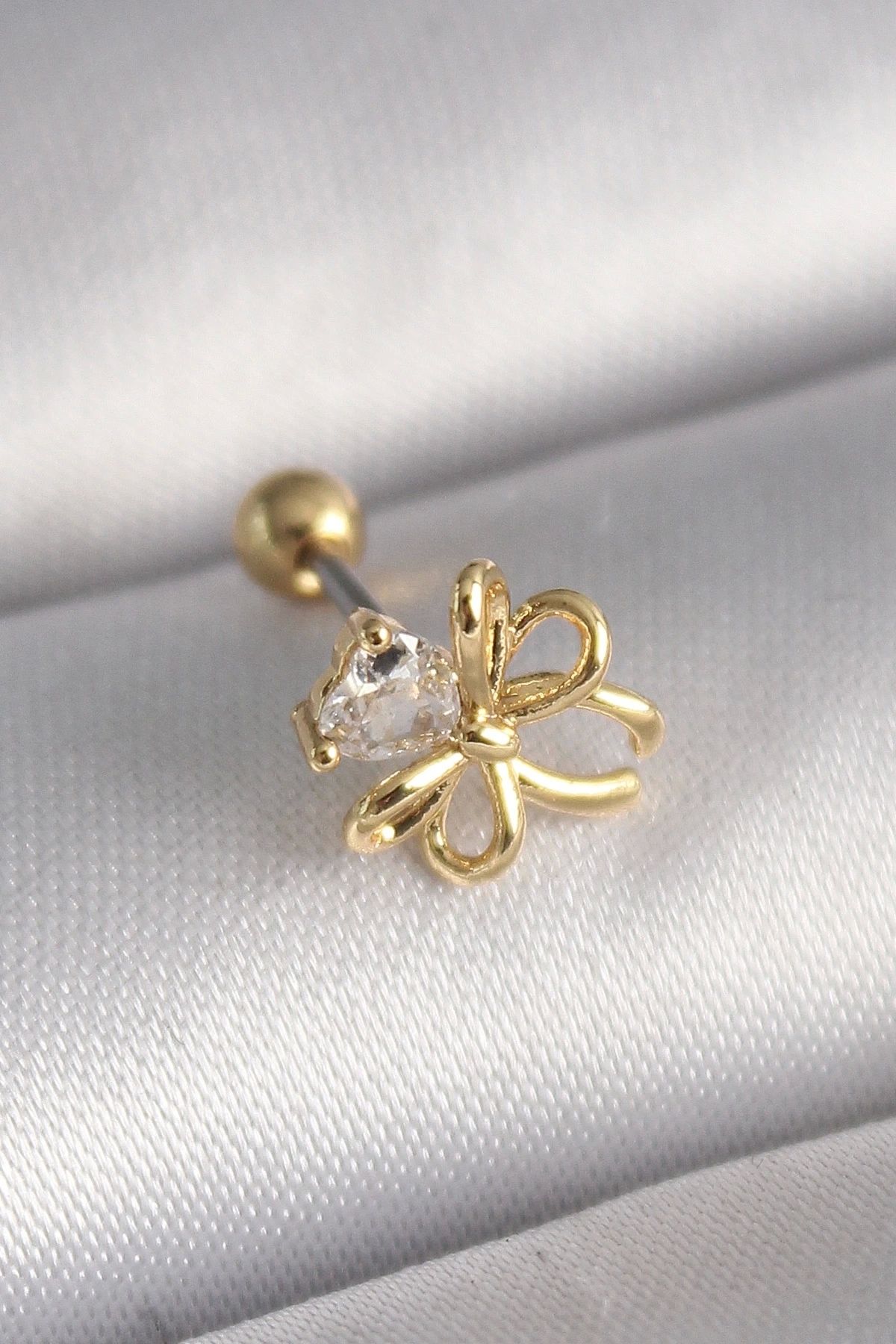STOREMAX 316L Çelik Gold Renk Zirkon Taş Detaylı Kurdele Model Tragus Piercing