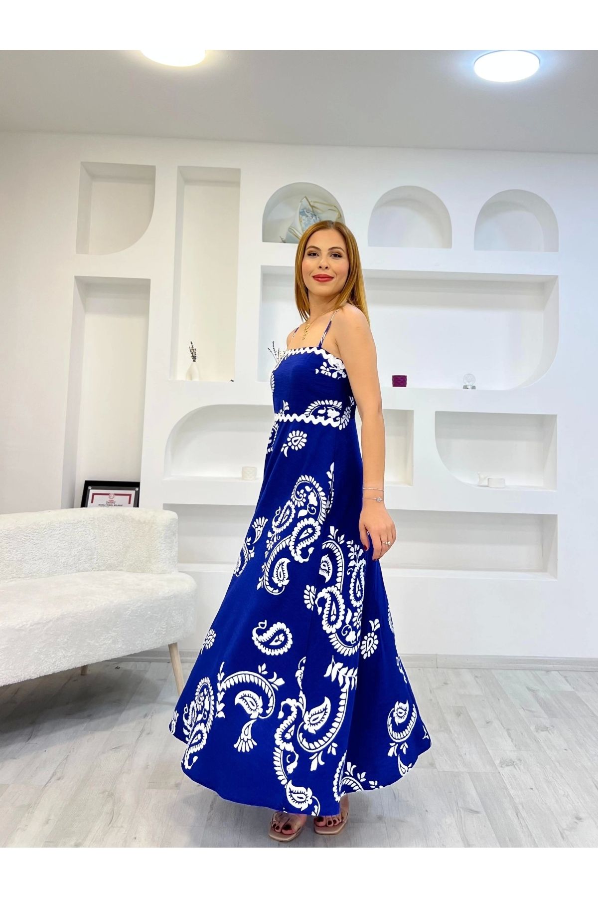 İrka Moda İp Askılı Desenli Keten Elbise Saks Mavi