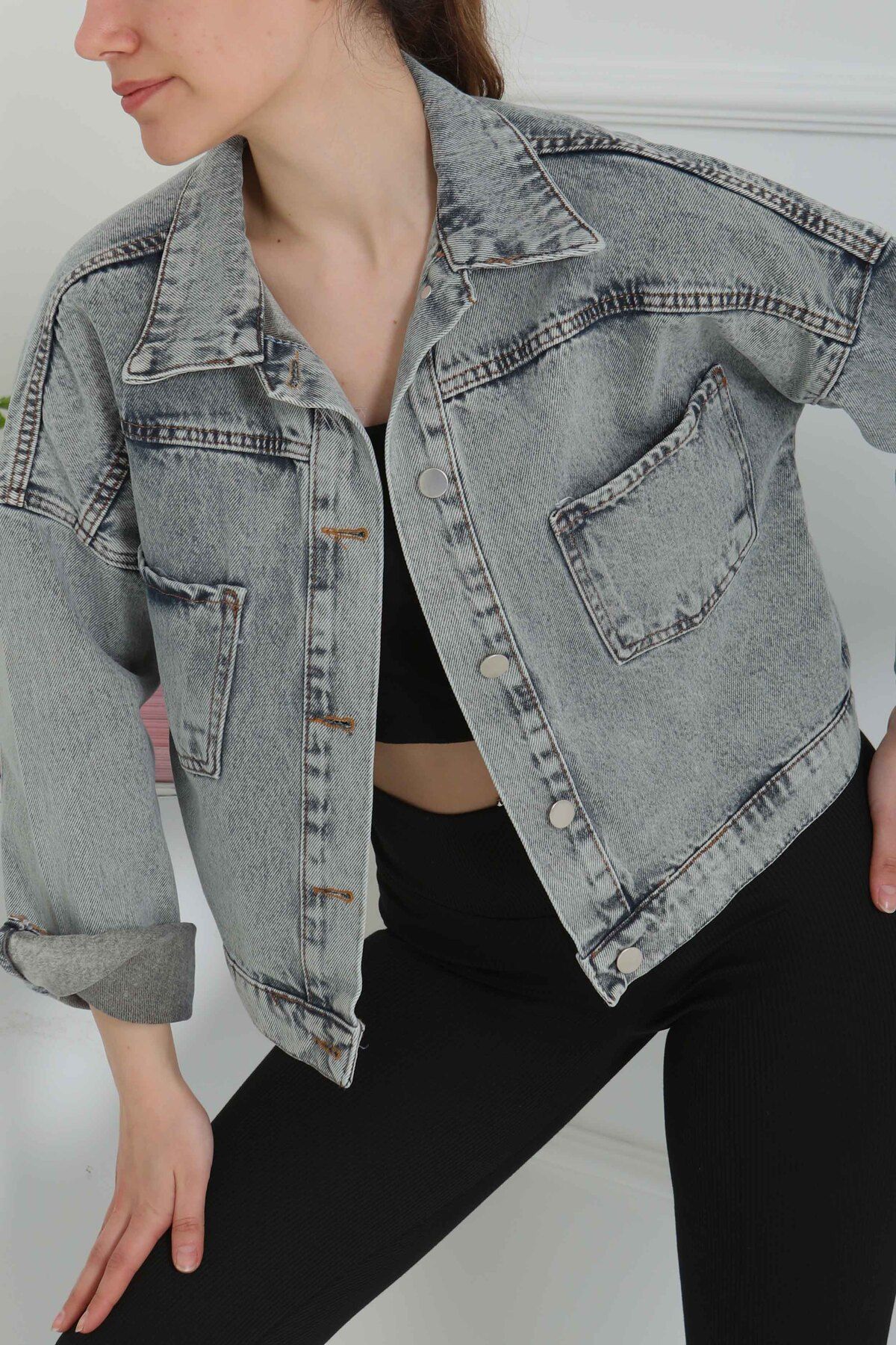 TOFİSA Kadın Çift Cepli Crop Kot Ceket Açik Kahve Tint - 26573