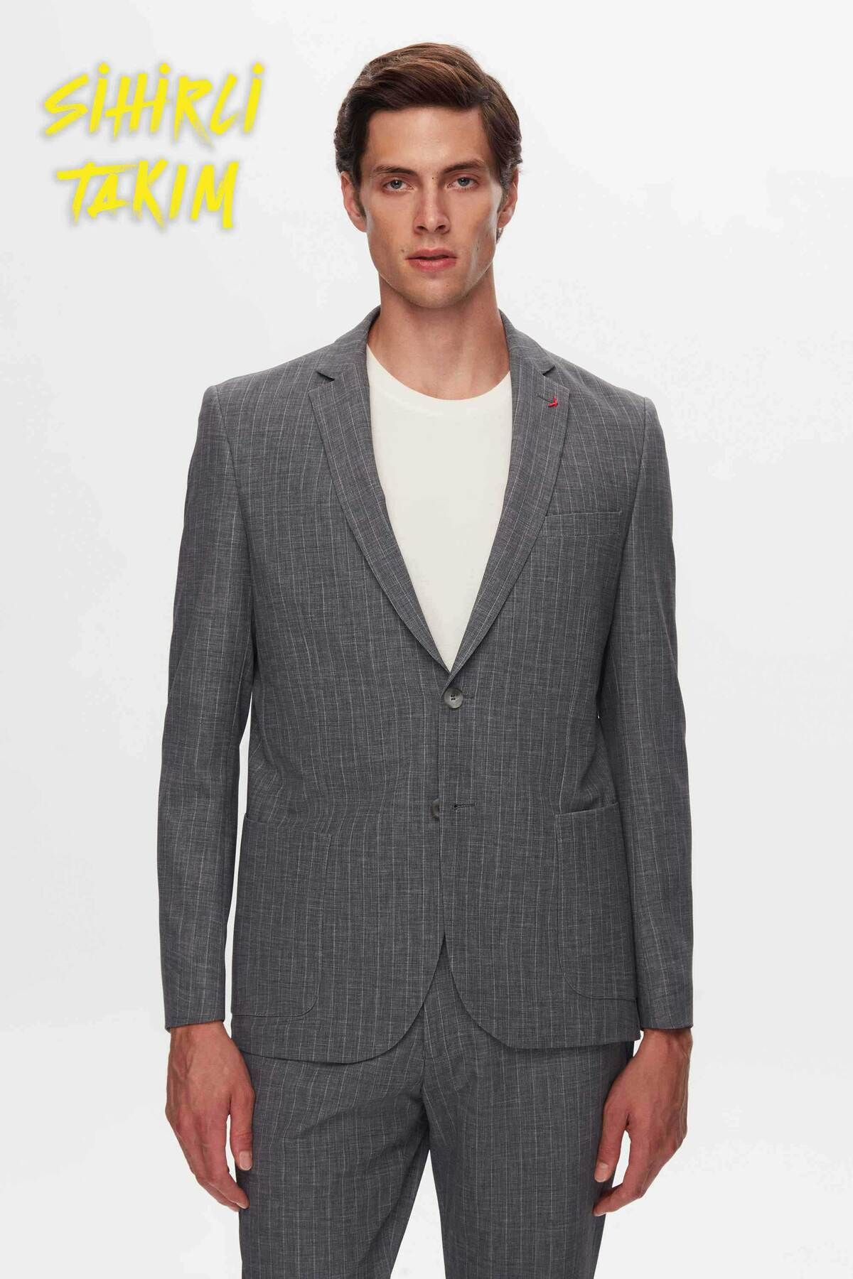 D'S Damat Ds Damat Slim Fit Gri Baskılı Takim Elbise