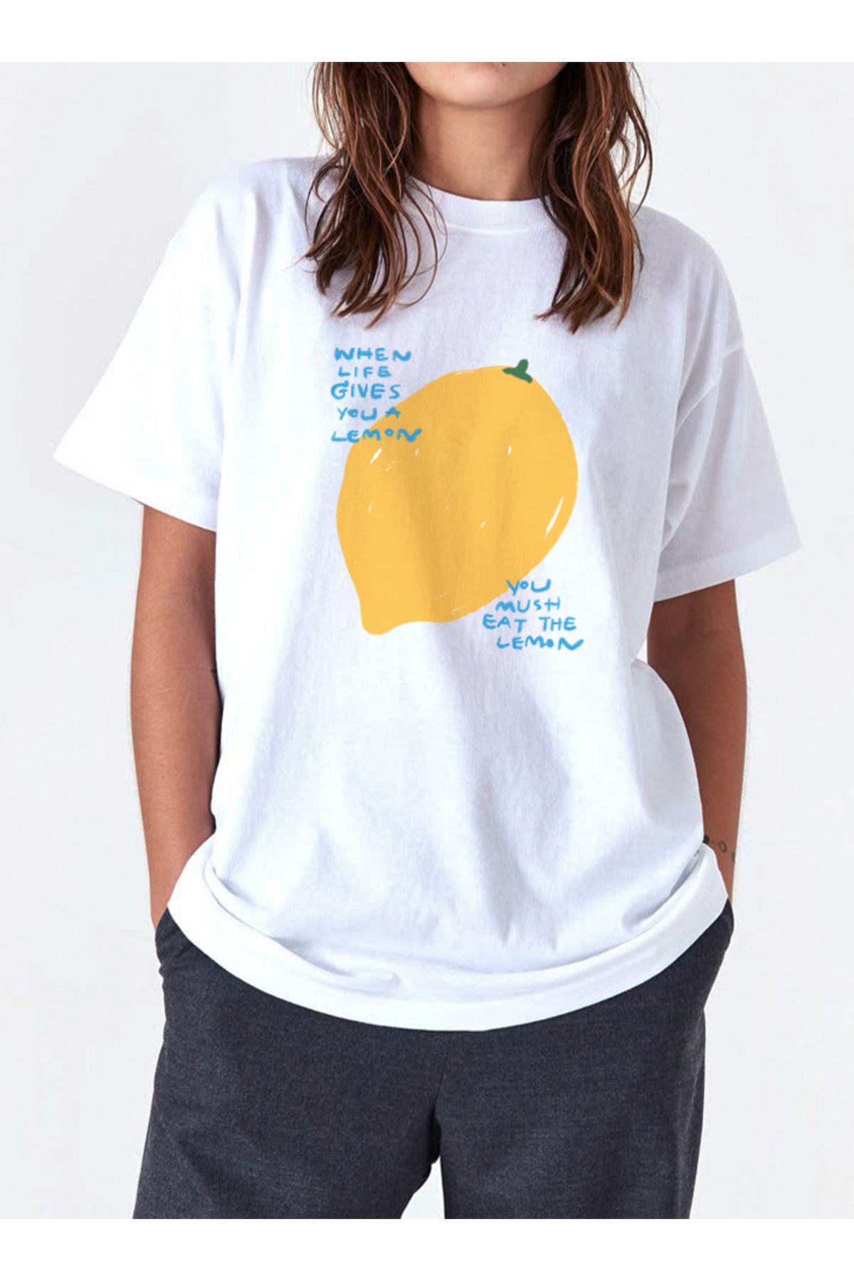 Disante Eat The Lemon Baskılı Bisiklet Yaka Basic Trend Kadın T-shirt