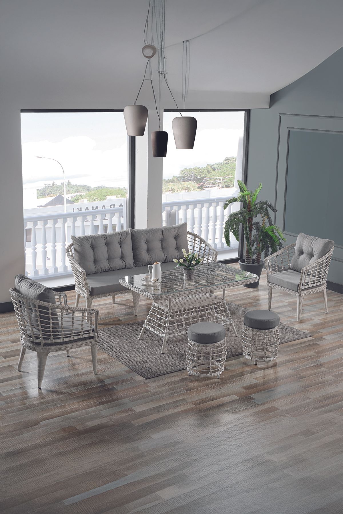 Albatros Rattan Puflu Bahçe Balkon Takımı 3+1+1+ Camlı Masa Kemik Rengi