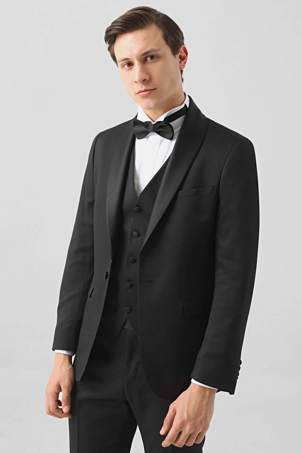 Twn Slim Fit Siyah Armürlü Smokin Yelekli Takim Elbise