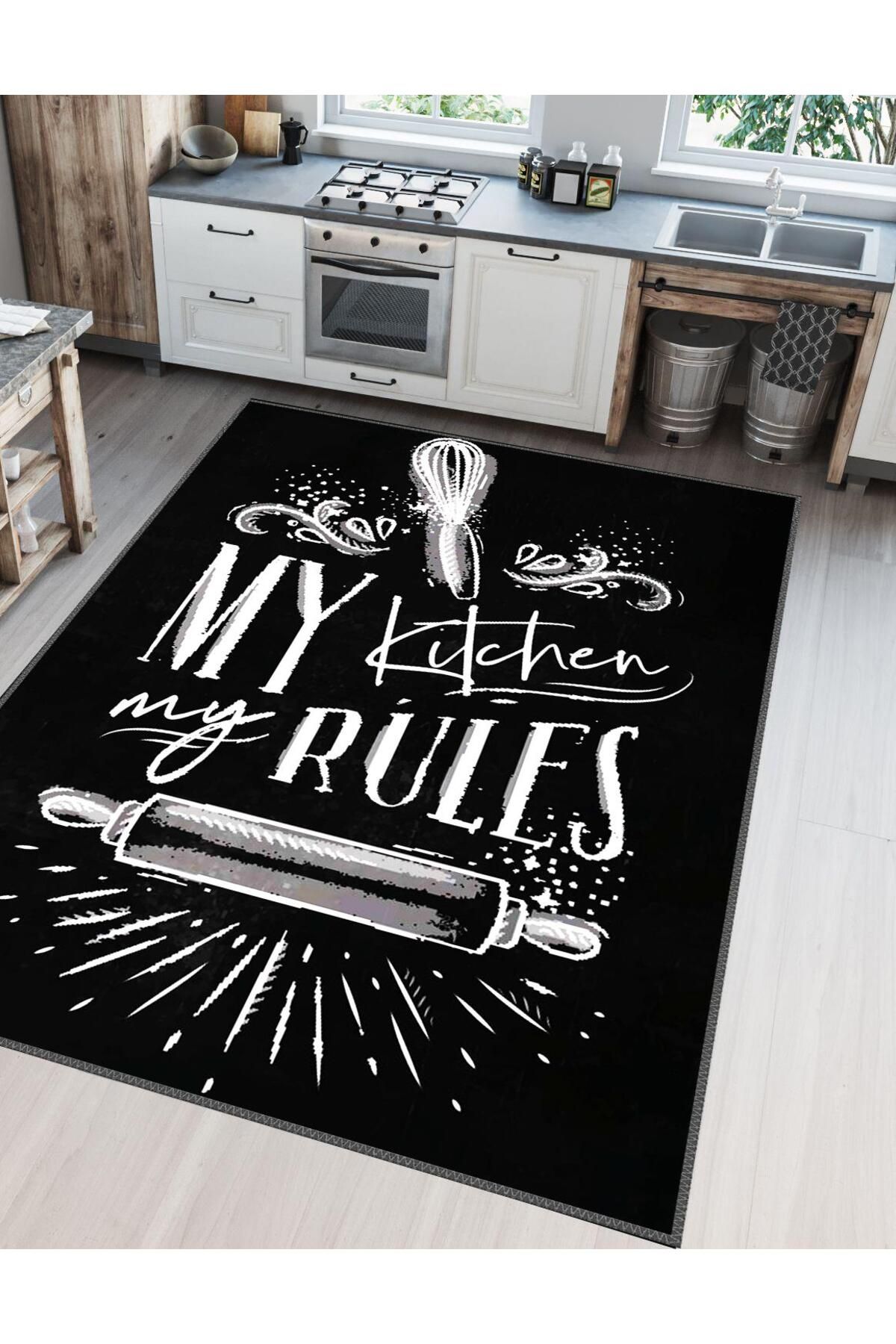 Serteks My Kitchen Siyah Beyaz Kaymaz Tabanlı Makinede Yıkanabilir Mutfak Halısı
