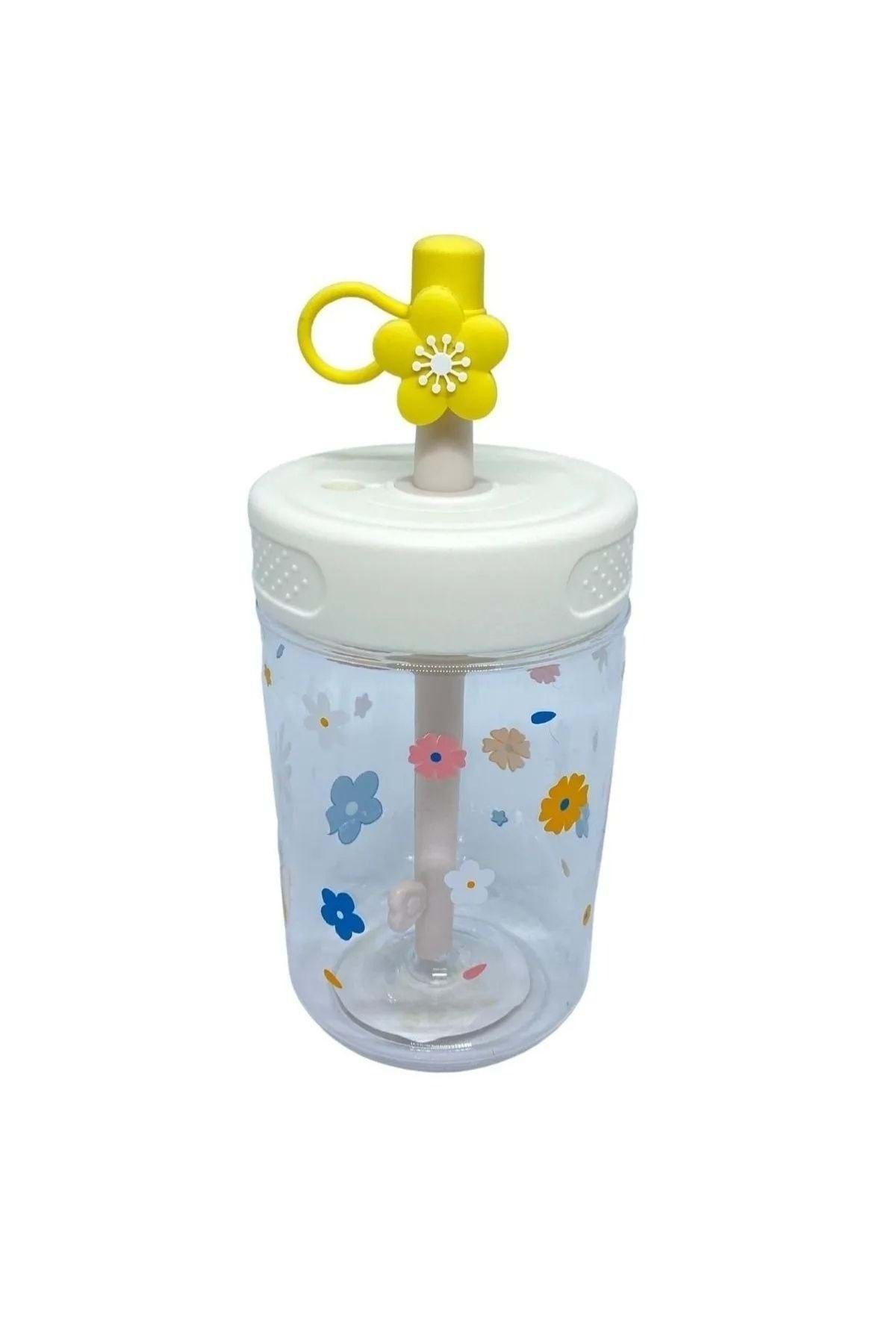 wakawakakidsstore Çiçek Desenli Pipetli Çocuk Suluk Bardak (450 ml) - Beyaz - 2-8 YAŞ