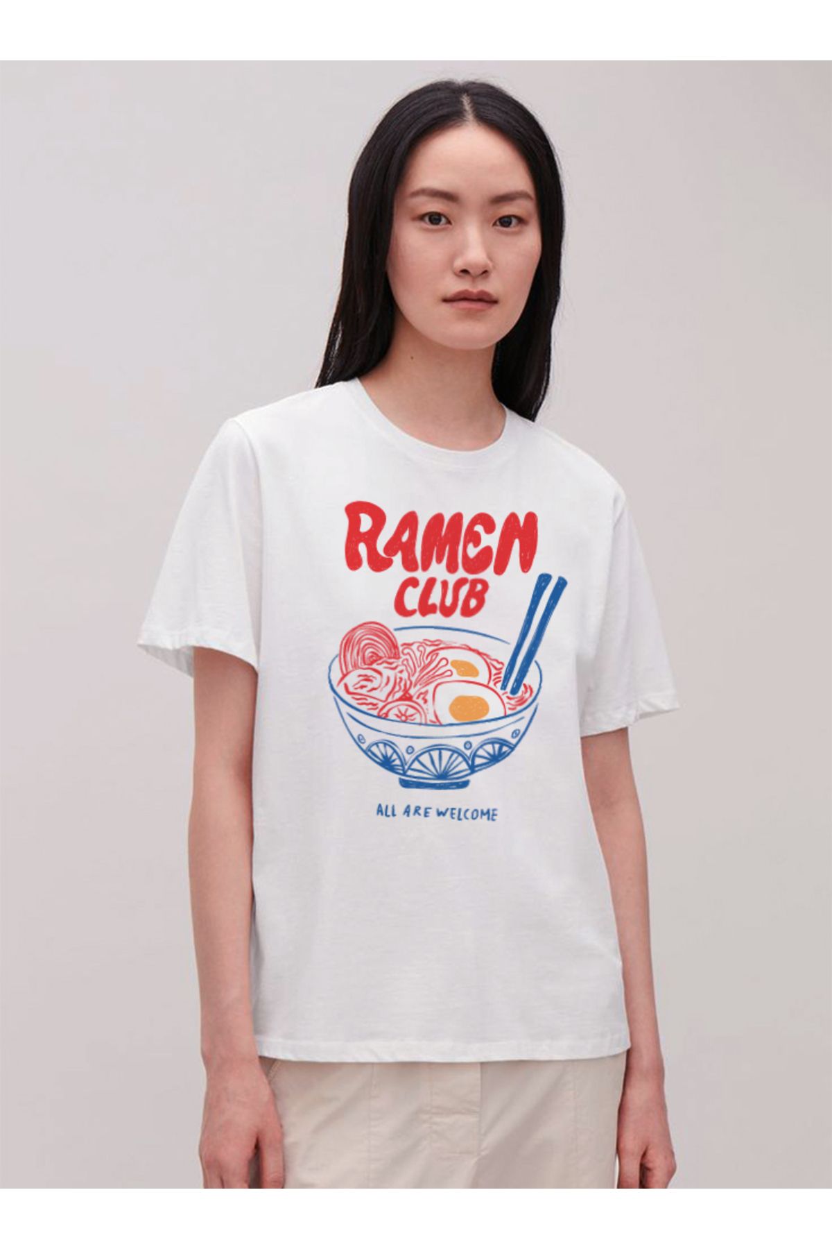 Disante Ramen Baskılı Bisiklet Yaka Basic Trend Kadın T-shirt