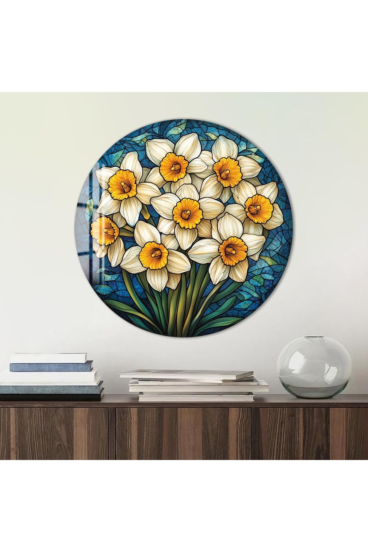 Artmate Yuvarlak Temperli Kırılmaz Çiçek Cam Tablo