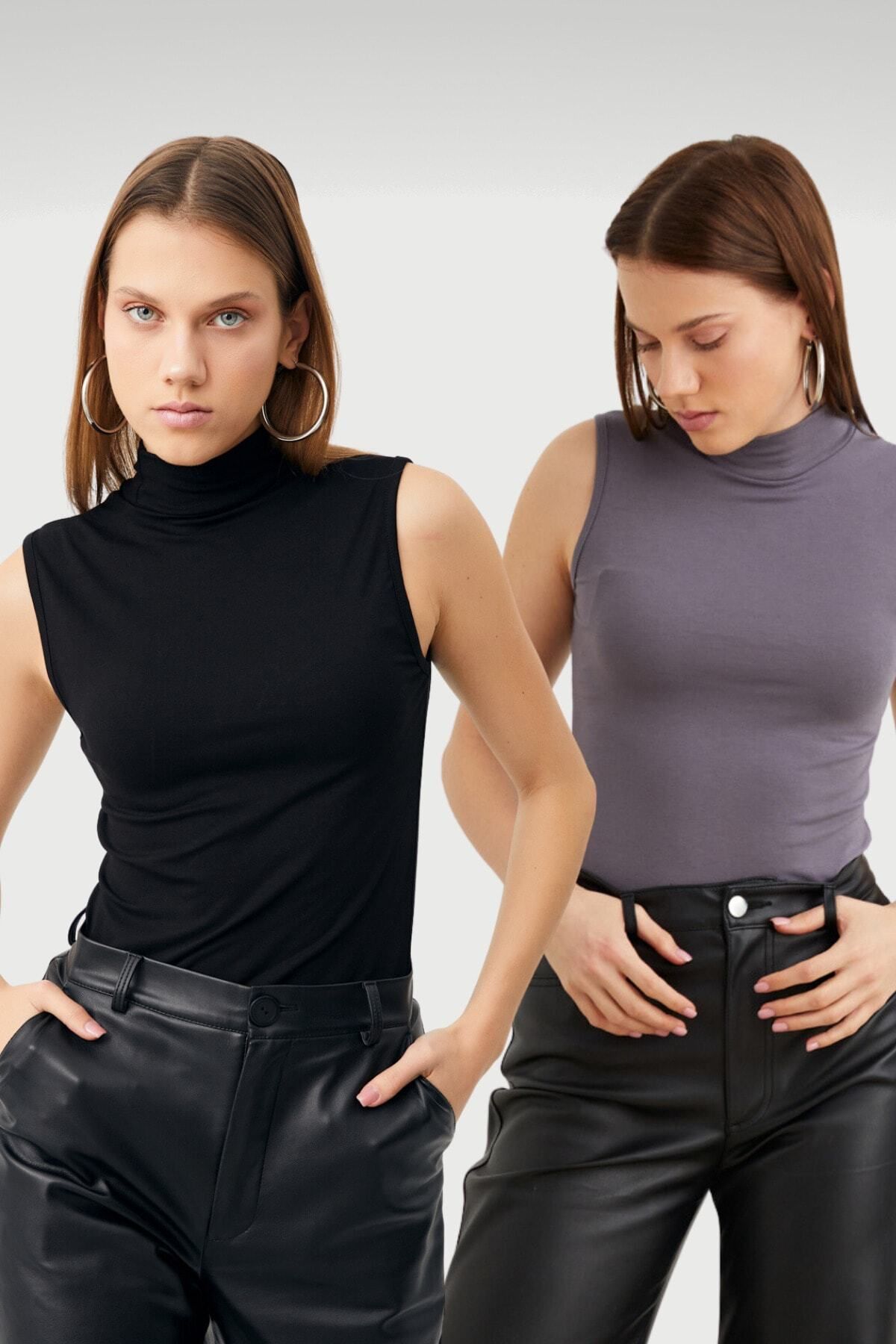 Bipantolon Kadın Siyah Gri 2'li Kolsuz Body