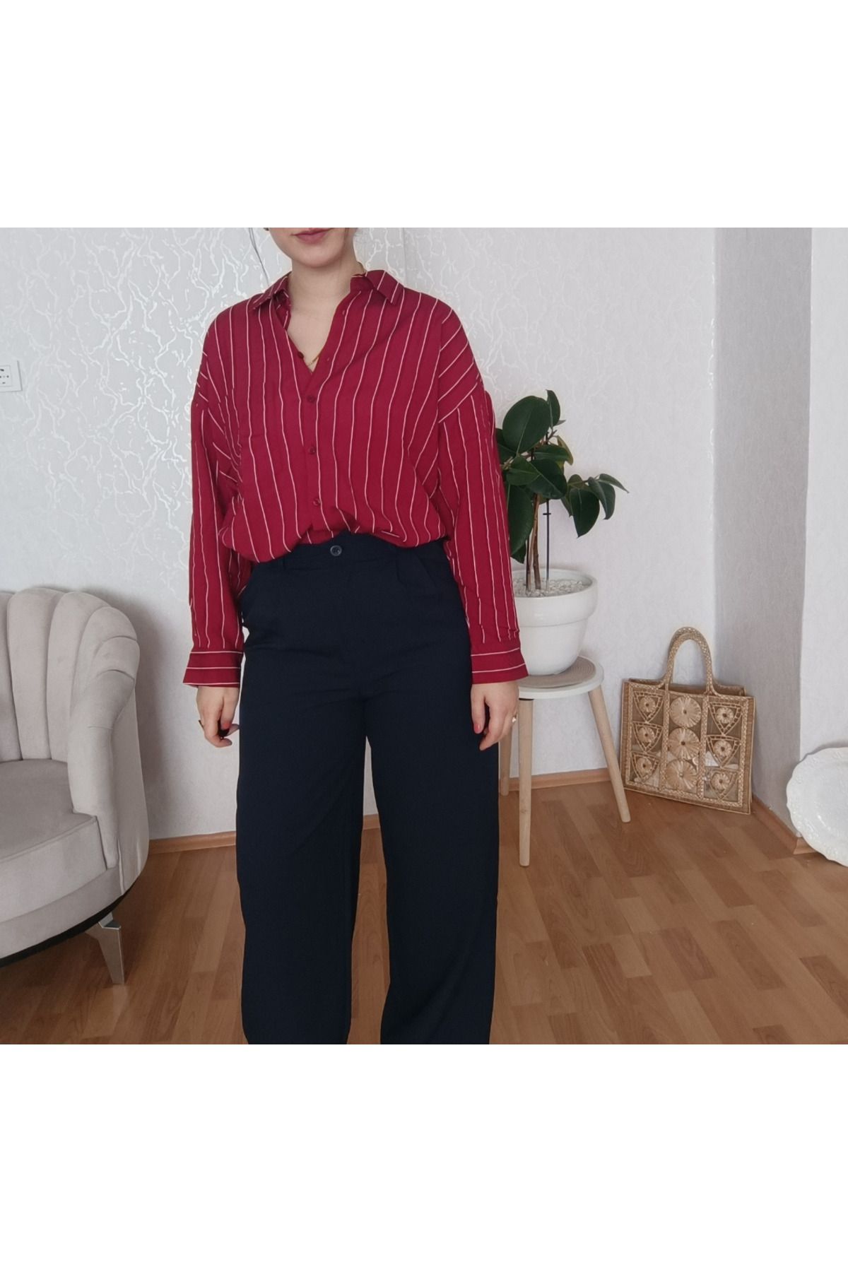 MODA Bordo ince çizgili Oversize kadın gömlek