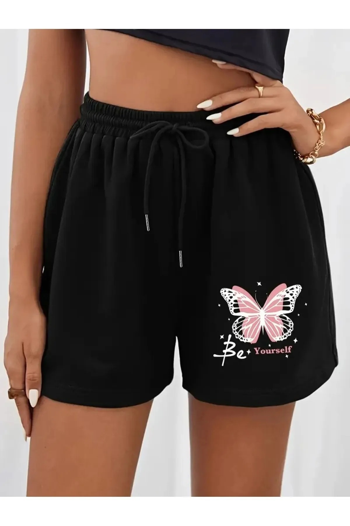 NO 601-Women's 2-Piece Classic Butterfly Printed Combed Cotton Shorts Gray-Black 3