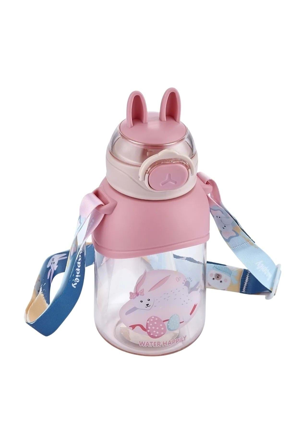 wakawakakidsstore Tavşan Kulaklı Pembe Çocuk Pipetli Suluk Matarası (400 ml) - Pembe - 2-8 YAŞ