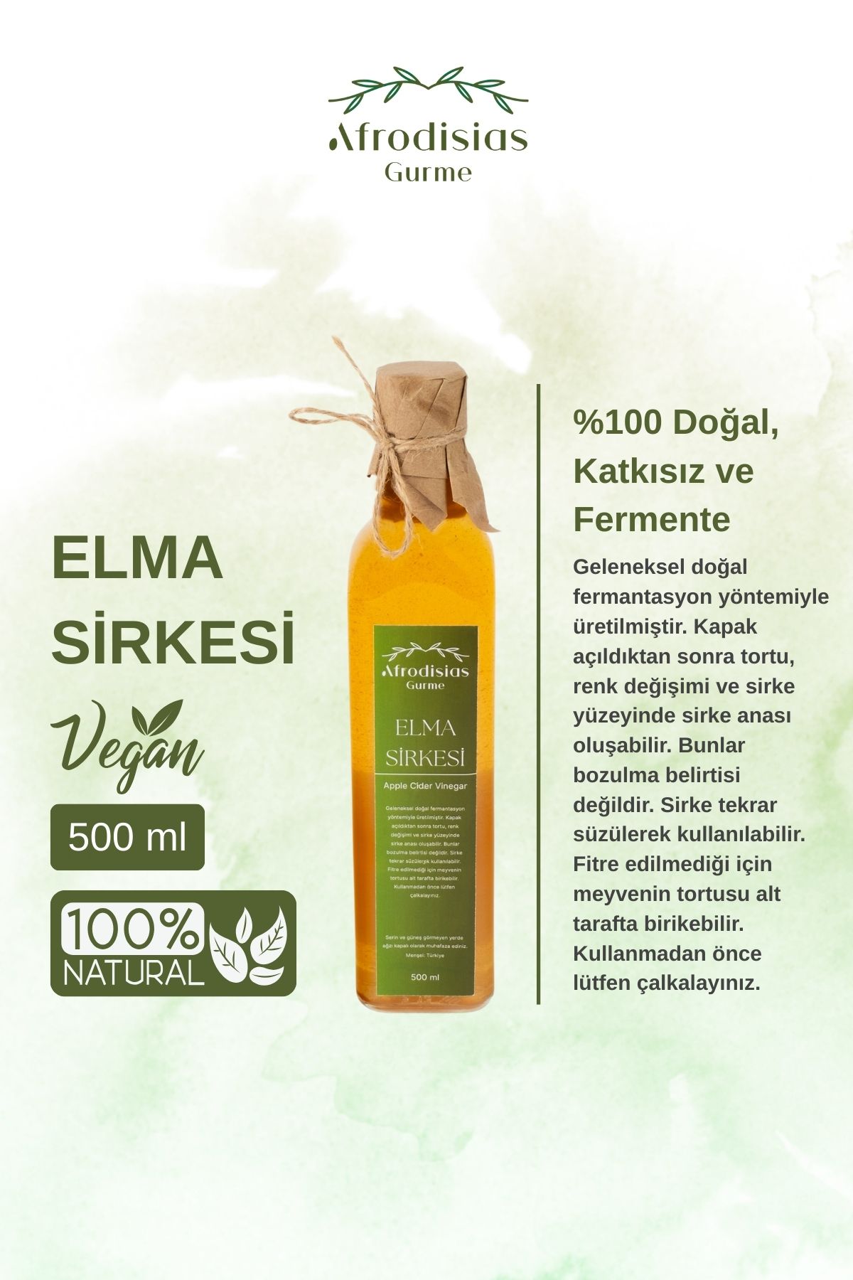 Afrodisias Gurme Elma Sirkesi 500 ML- Katkısız Doğal Fermantasyon (Apple Vinegar)