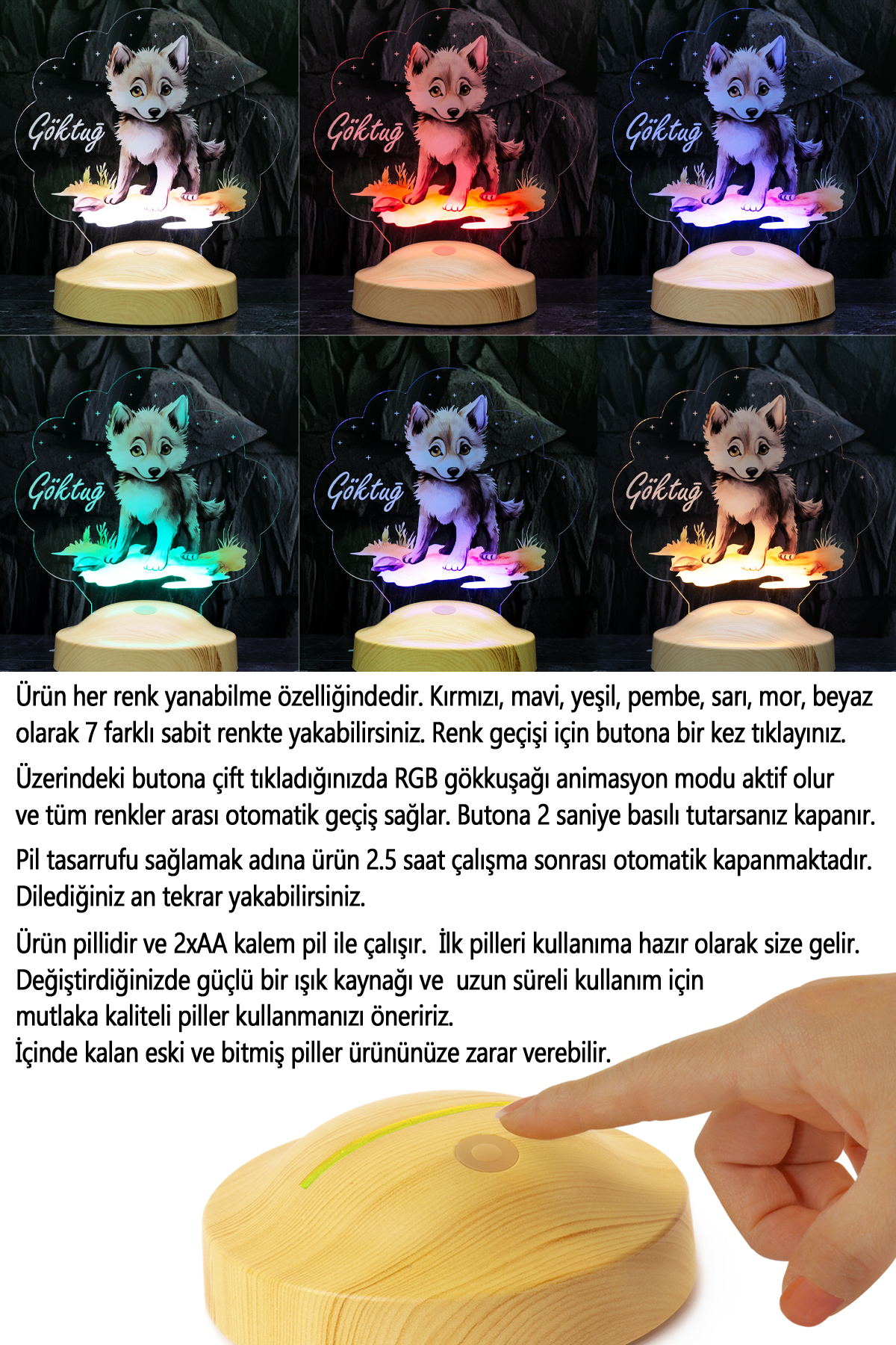 SEVGİLAMBASI Sevimli Kurt Çocuk Odası Gece Lambası, Kurt Köpeği Bebek Doğum Günü Hediyesi, İsimli Çocuk Hediyesi fotoğrafı 5 (önizleme)