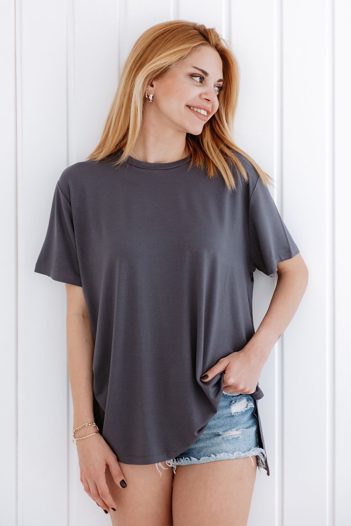 Lilabio Bisiklet Yaka Loose Fit Modal T-shirt