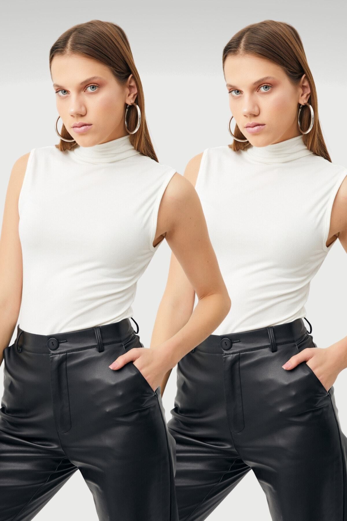 Bipantolon Kadın Beyaz 2'li Kolsuz Body Yarım Boğaz