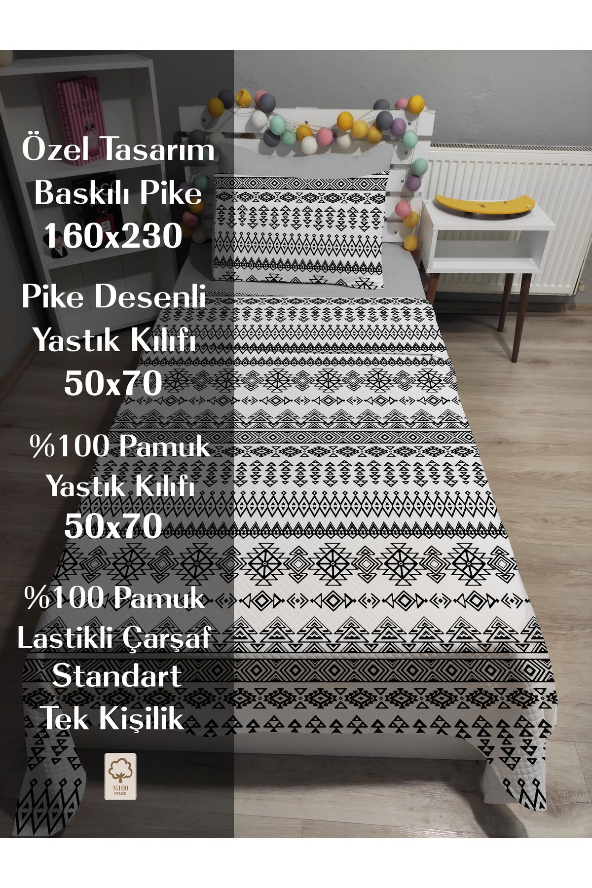 yok yok evim eve dair her şey-4 Piece Geometry Patterned Single Pique Bedspread Set with Elastic Sheets 2