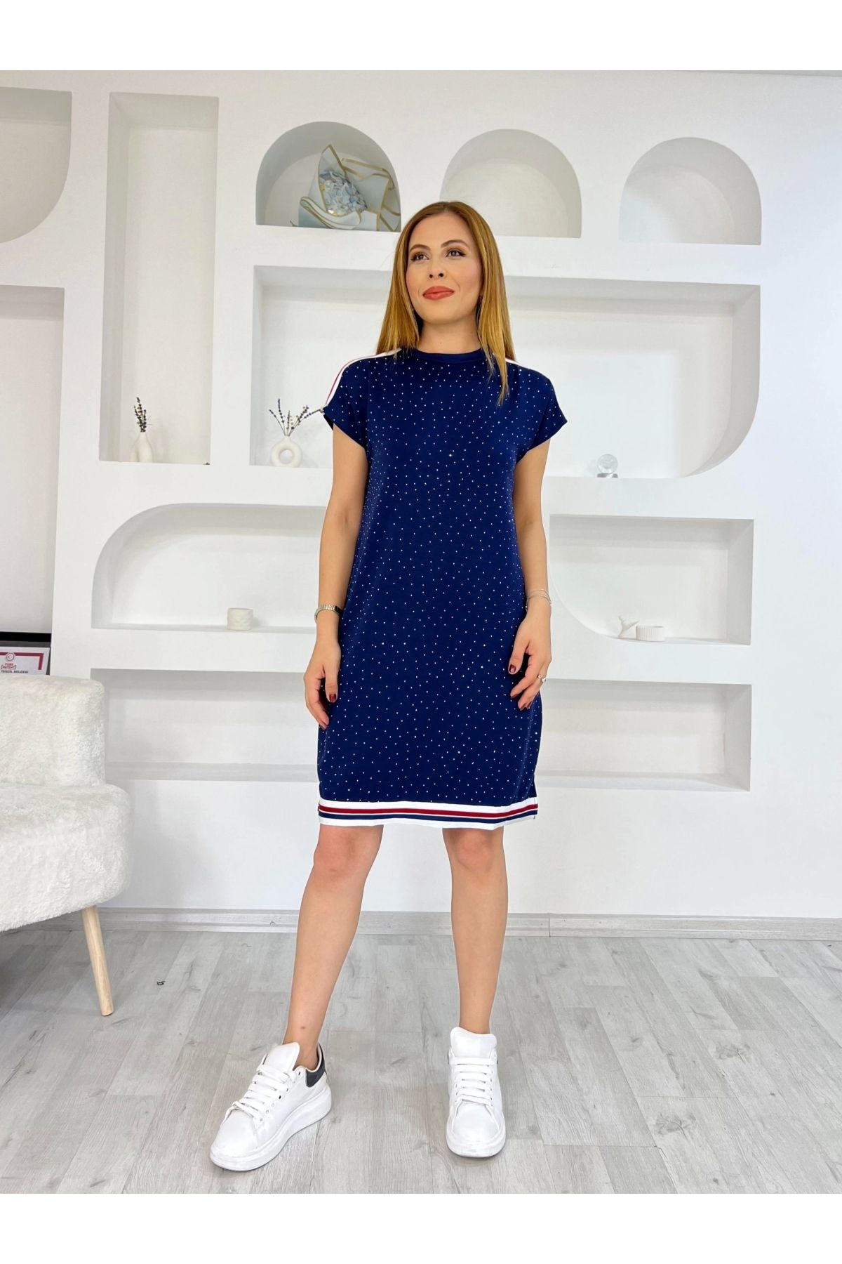 İrka Moda Taşlı Şeritli Modal Elbise Lacivert