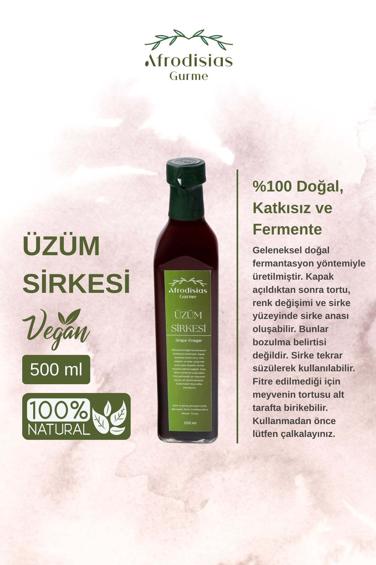 Afrodisias Gurme Üzüm Sirkesi 500 ML - Katkısız Doğal Fermantasyon (Grape Vinegar)