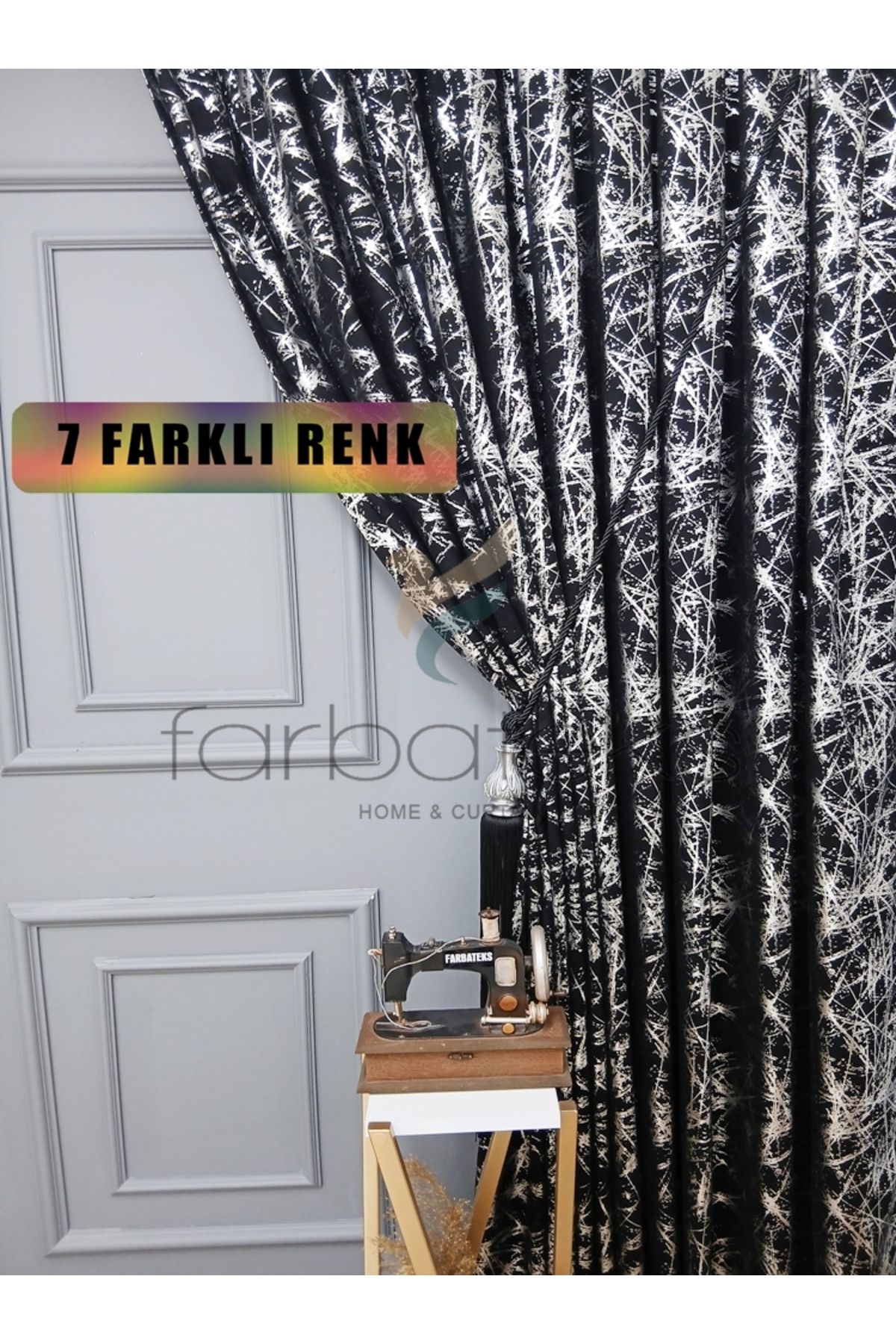 farbateks Siyah Gri Silver Varak Parlak Bağcıklı Opart Kumaş 3Kat Pileli Fon Perde