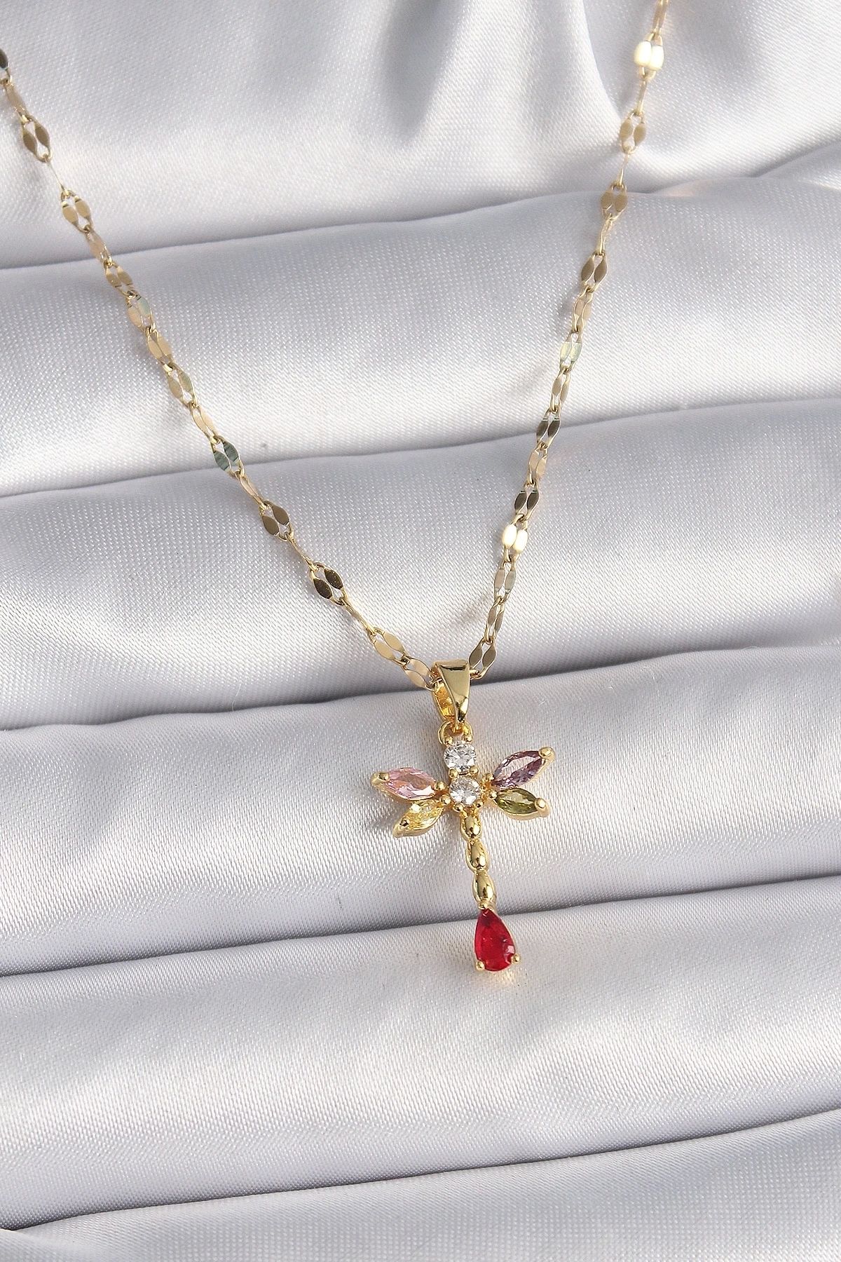STOREMAX 316L Çelik Gold Renk Zincir Renkli Zirkon Taşlı Yusufçuk Model Kadın Kolye