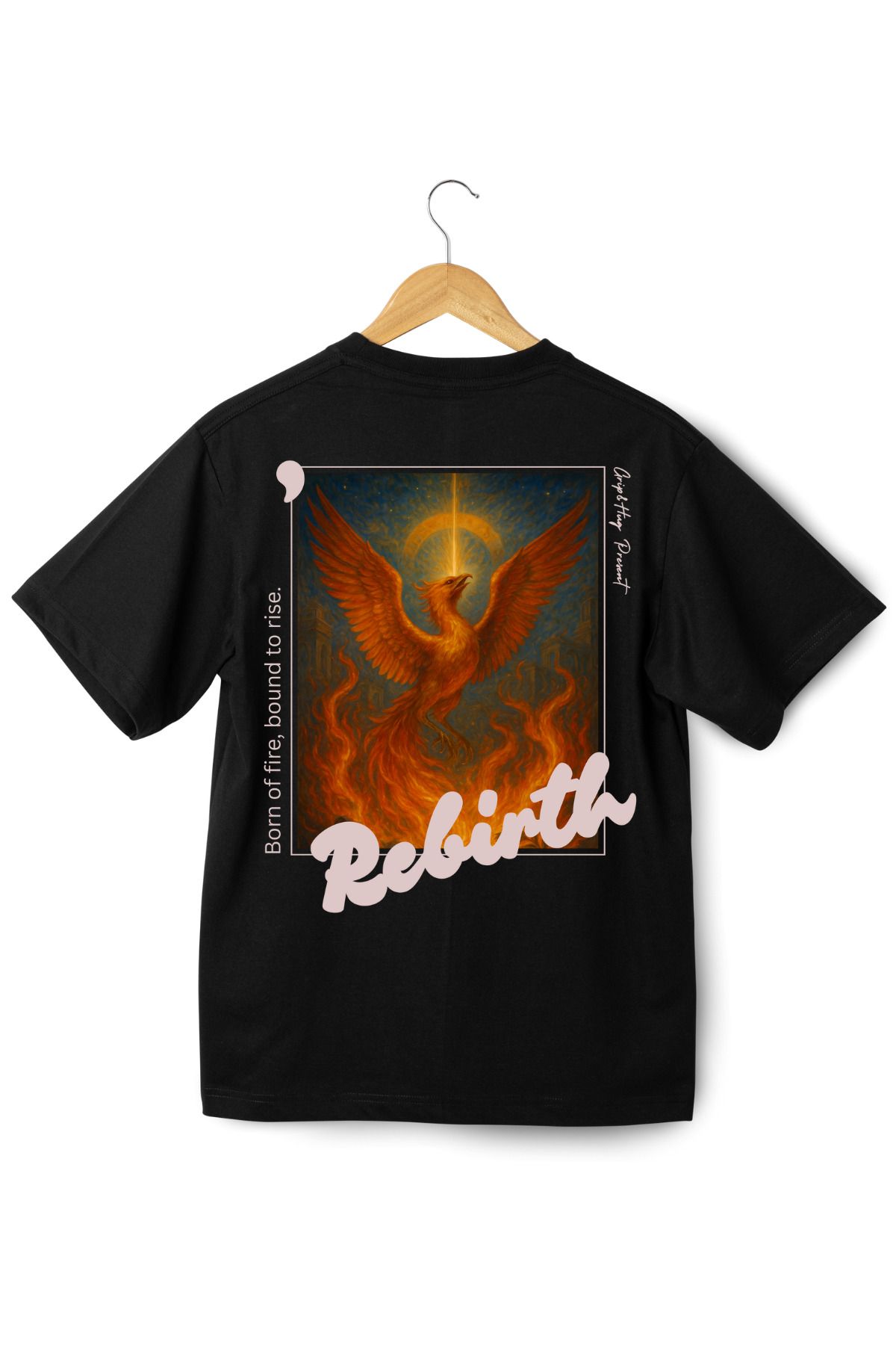 Grip Hug Antic Edition "Rebirth" Siyah Oversize Tişört – %100 Pamuk, Mitolojik Phoenix Tasarım Baskılı