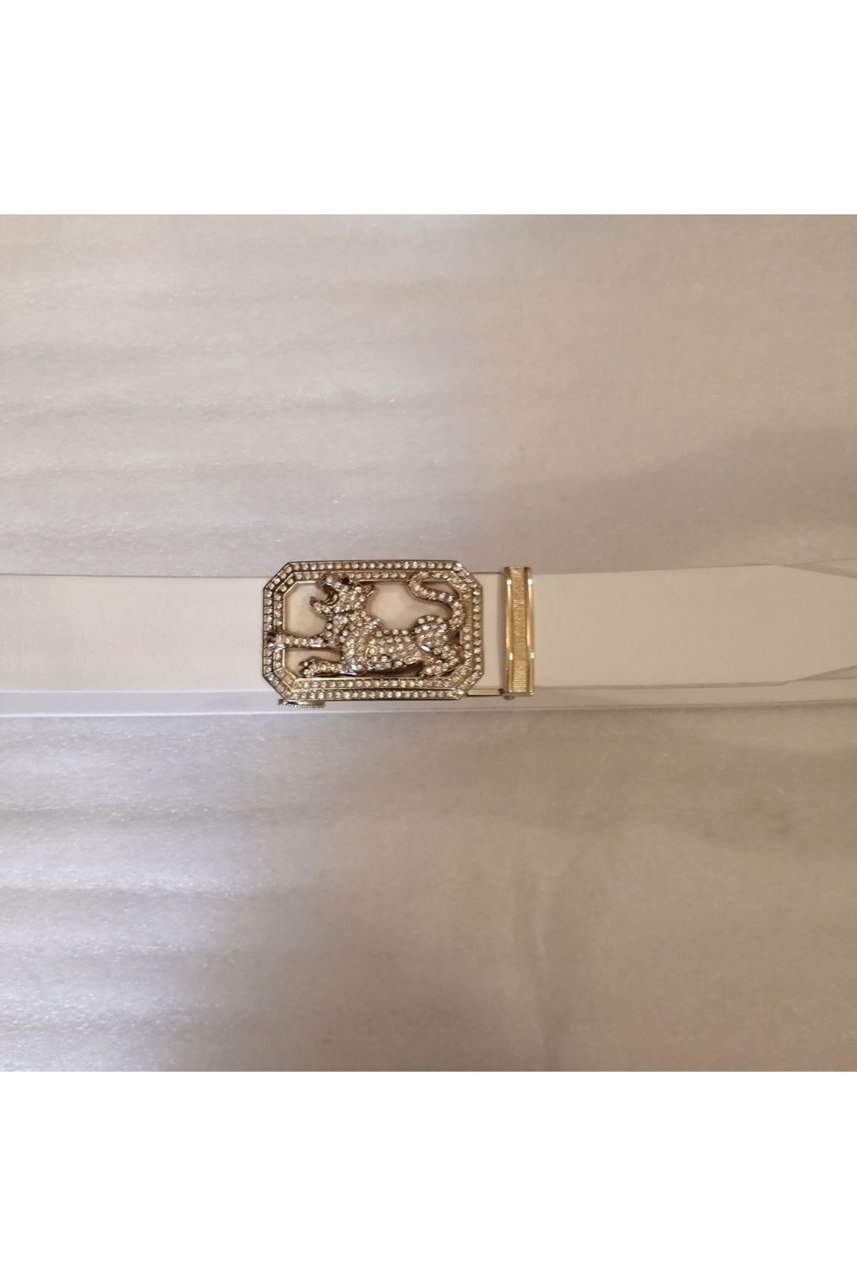 Butik Tülin Unisex el yapım hakiki dana deri beyaz altın kesme parlak kristal taşlı kaplan otomatik tokalı kemer