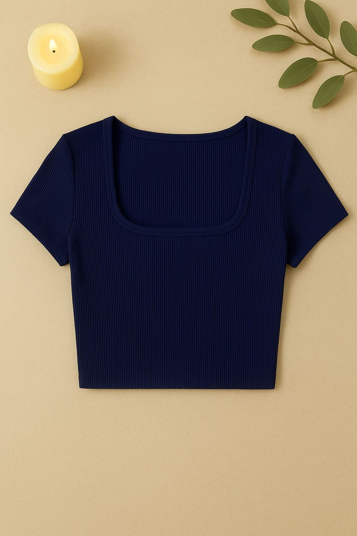 Stail Moda Kadın Lacivert Kaşkorse KUMAŞ Yarım Kol Düz UYaka Crop Top Bluz