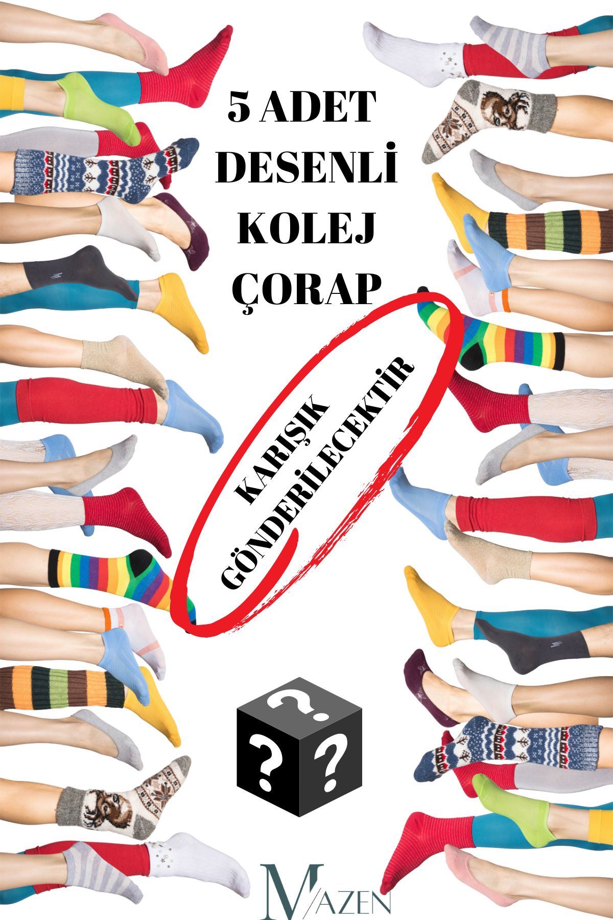 MAZEN "5 Çift Sürpriz Desenli Kolej Çorabı – Yanlardan Desenli Çorap" (36-42 Nm.)
